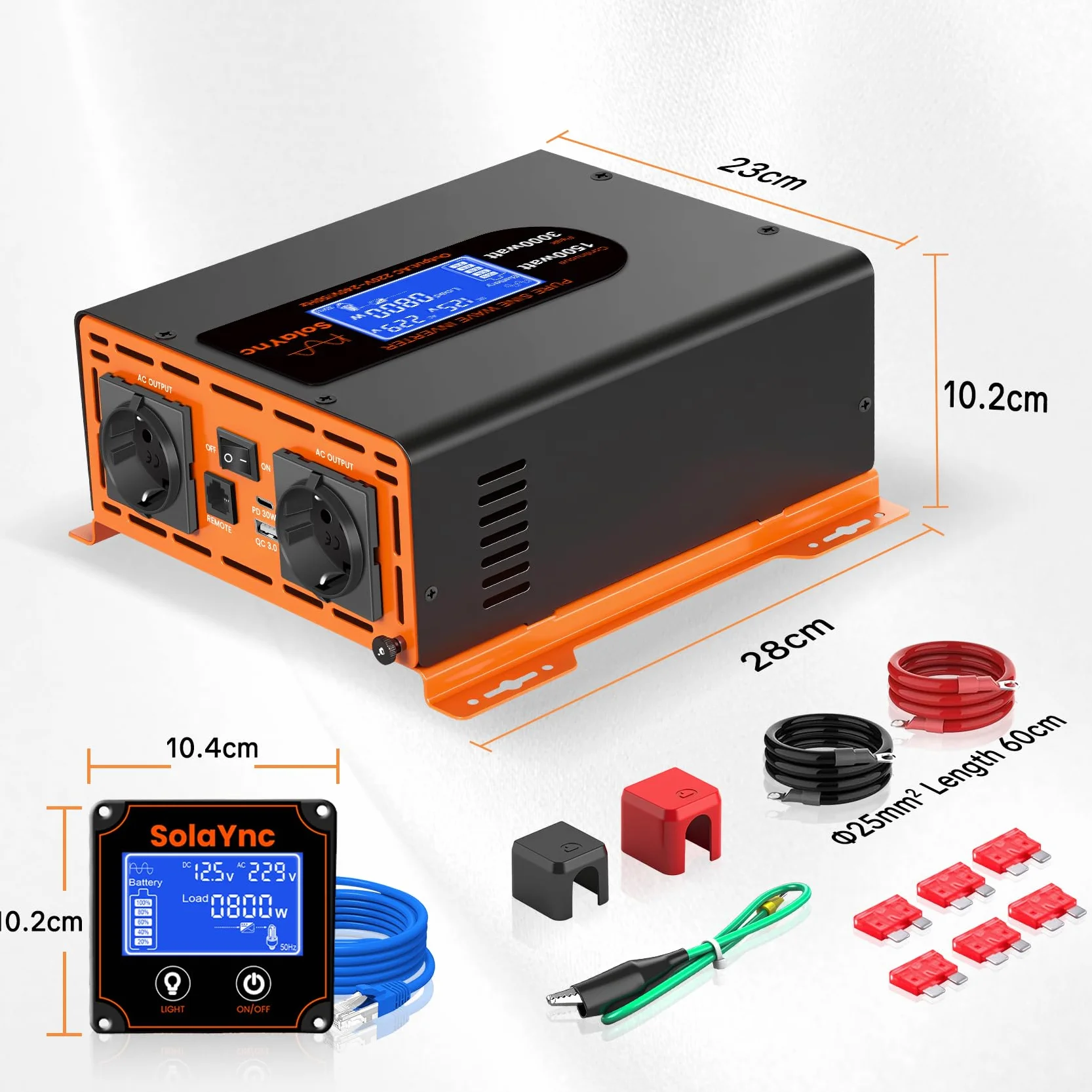 Inverter 1500W/3000W 12V 220/230V Onda Sinusoidale Pura,2 EU Presa,Porta Type-C da 30W e porta USB, telecomando LCD schermo LCD,Adatto per Elettrodomestici, Camper Campeggio