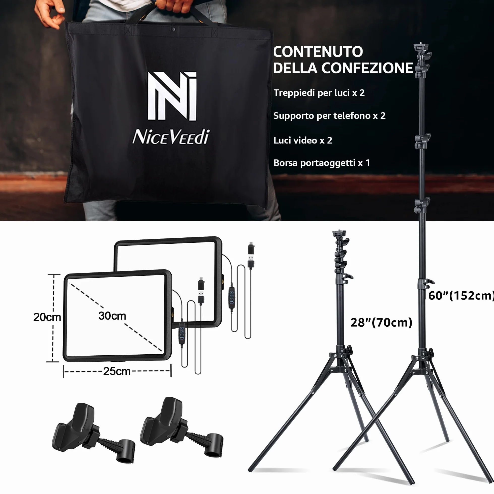 Kit di 2 Luci Video a LED, Luce da Studio Dimmerabile 2800-6500K Kit con Supporto per Treppiede e Supporto per Telefono, Luce Flusso da 185,4 cm per Fotografia Foto di Prodotti, Personaggi, Youtube
