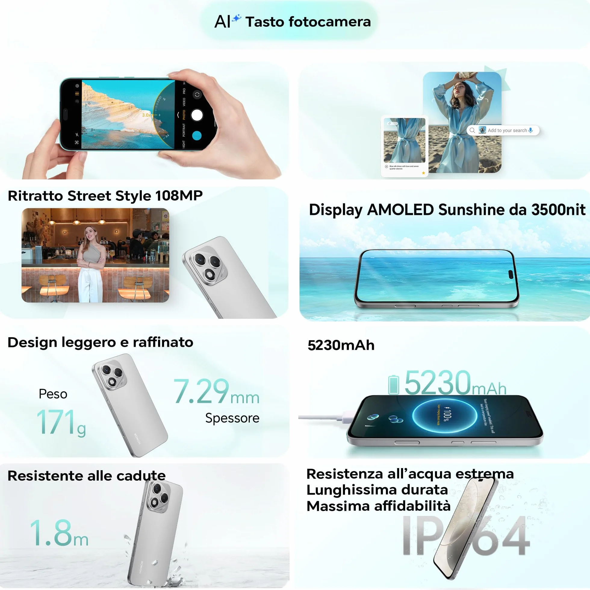 HONOR 400 Lite Smartphone 5G Dual SIM NFC, 8GB RAM 256GB Memoria, 108MP con pulsante AI telefono Android 15, 6.7 pollici AMOLED Eye-Care Display, 5230 mAh,IP64&SGS, Velvet Gray [Versione italiana]