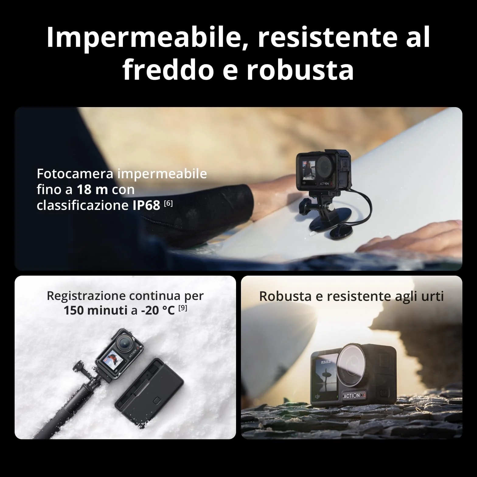 DJI Osmo Action 4 Combo Standard cam impermeabile 4K/120fps con sensore 1/1.3”, incredibili immagini con scarsa illuminazione, prestazioni cromatiche a 10 bit e D-Log M, batteria da 1770 mAh