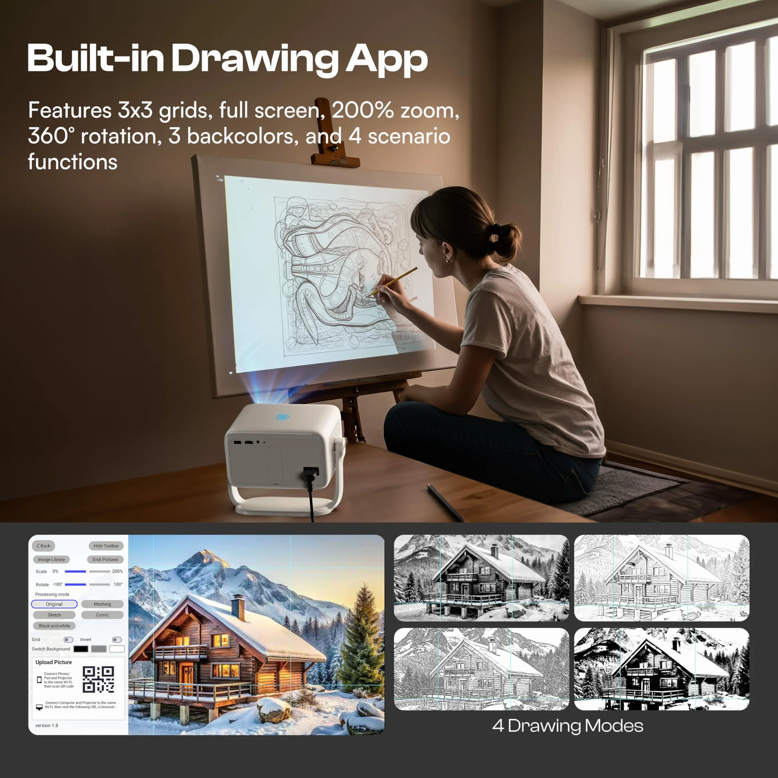 Caydo Proiettore artistico P3 con esclusiva app di disegno per artisti, messa a fuoco automatica portatile e proiettore Keystone Native 1080P per disegno e tracciamento, proiezione da 40 a 120 pollici