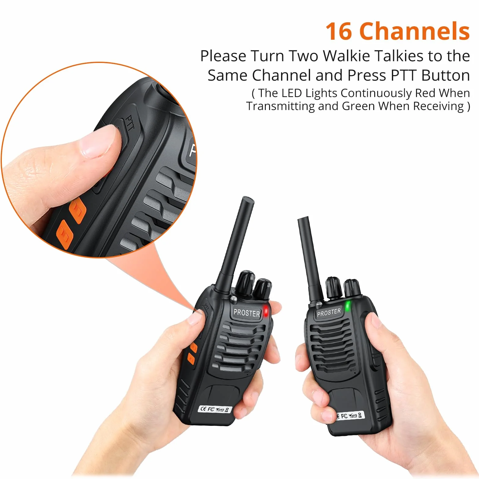 Proster Walkie Talkie PMR446 Senza Licenza Ricaricabili Set 2 Ricetrasmittenti Portatili 16 Canali VOX Torcia LED Auricolari Batteria 1500mAh per Lavoro Outdoor Famiglia Bambini