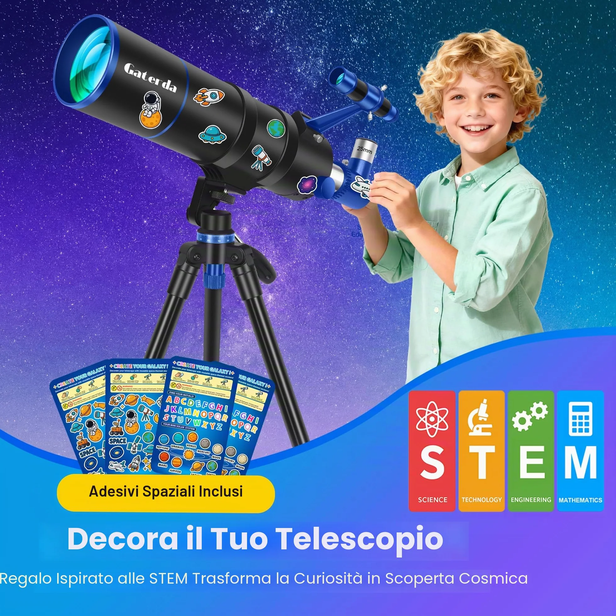 Telescopio Astronomico Professionale per Adulti Principianti, 90/550mm Telescopi Riffrattore(22X–165X) con Treppiede Regolabile Adesivi con Elementi Cosmici & Borsa da Trasporto