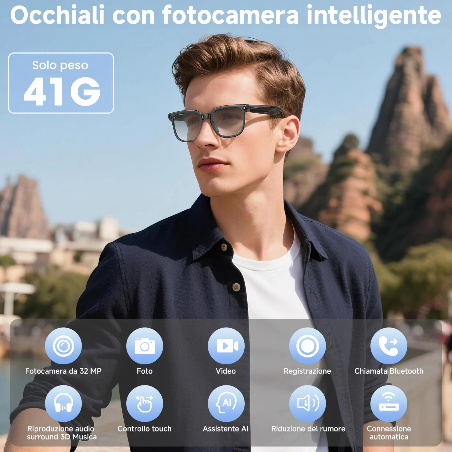 Occhiali intelligenti AI, Smart Glasses con 8K Fotocamera, 2 Paia di Lenti, registrazione video e audio HD 1080p, riproduzione musicale/Chiamate Bluetooth/Assistente AI/traduzione in tempo reale