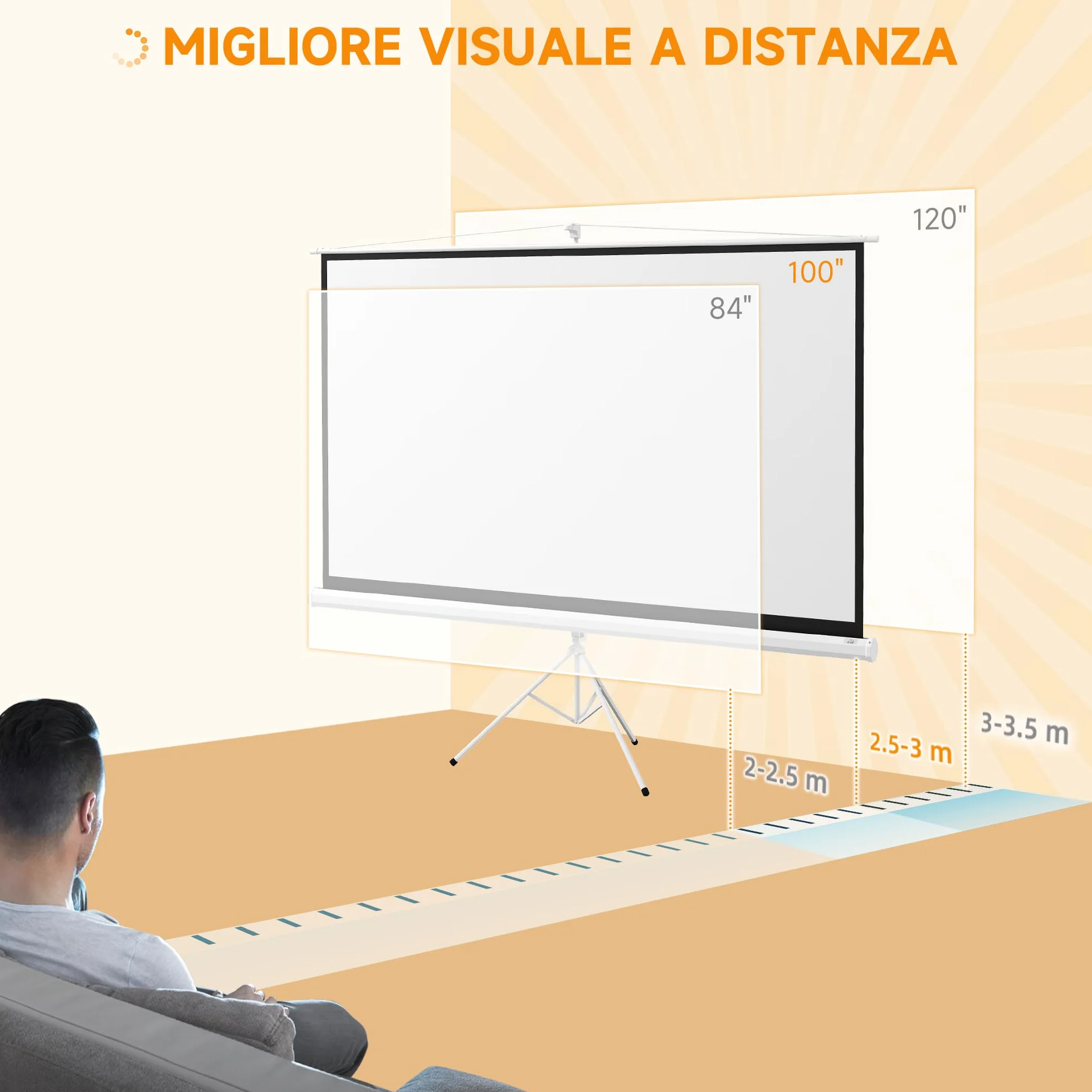 HOMCOM Telo Proiettore da 100 Pollici 4K HD Formato 16:9 con Treppiede Pieghevole e Altezza Regolabile, Schermo Proiettore Portatile, Grandangolo di 160 Gradi, per Casa, Home, Cinema, Esterno, Bianco