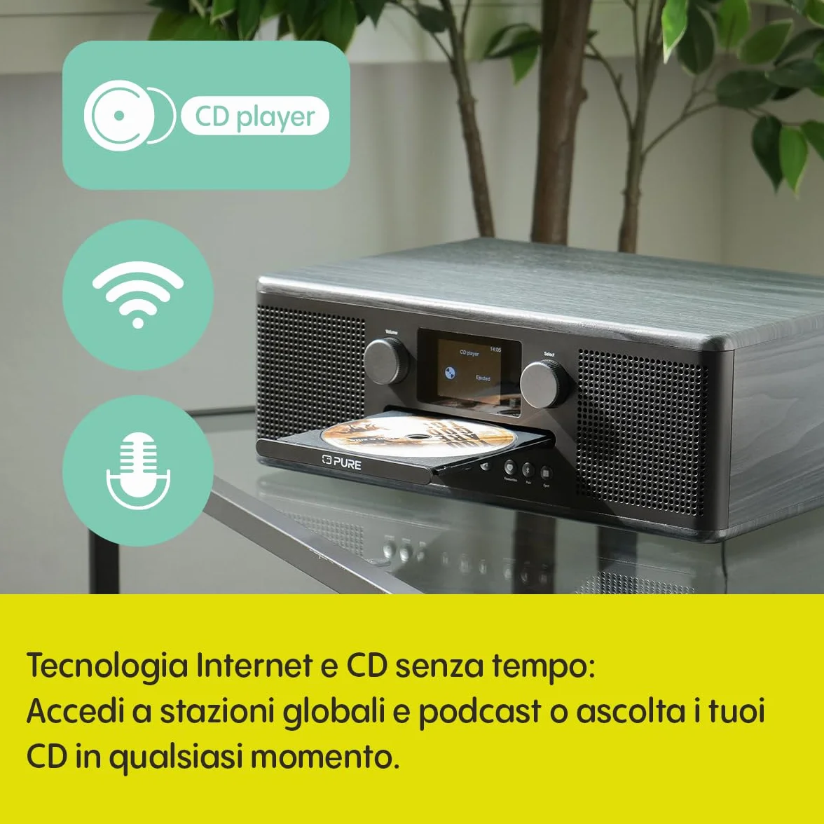 Pure Classic C-D6i Radio Internet All-in-One WiFi DAB+/FM Bluetooth 5.3 Lettore CD USB AUX Audio Stereo 2x15W Display Colori Sveglia Sleep Timer Nero