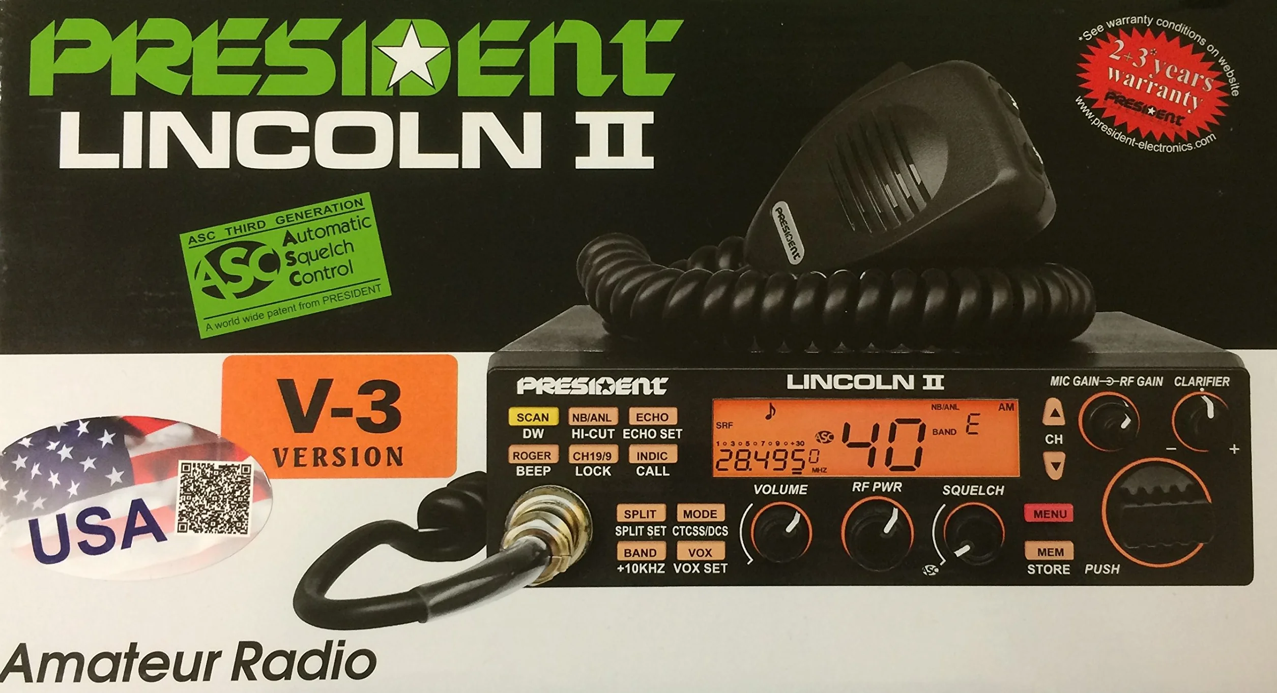 Ham Radio President LINCOLN II +, radioamatore, ASC 10 / 12M, Roger Beep, ANL, NB, filtro Hi-Cut, AM-FM-USB-LSB-CW, programmabile, 12V
