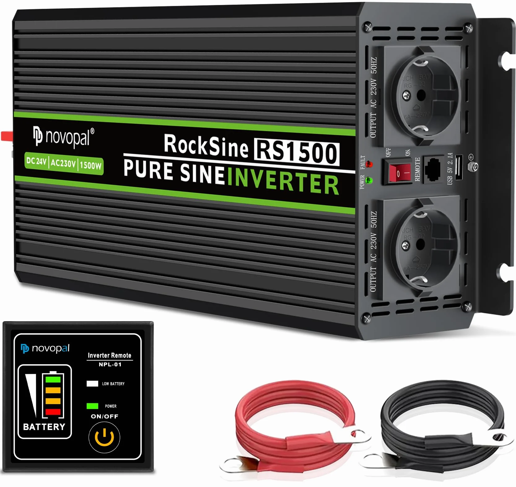 Novopal 1500W 3000W Inverter Onda Sinusoidale di Potenza,DC 12V in AC 220V Inverter di Tensione,2 EU Presa con Uscita USB,5 Metri di Telecomando,Adatto per Famiglia, Campeggio, Viaggi
