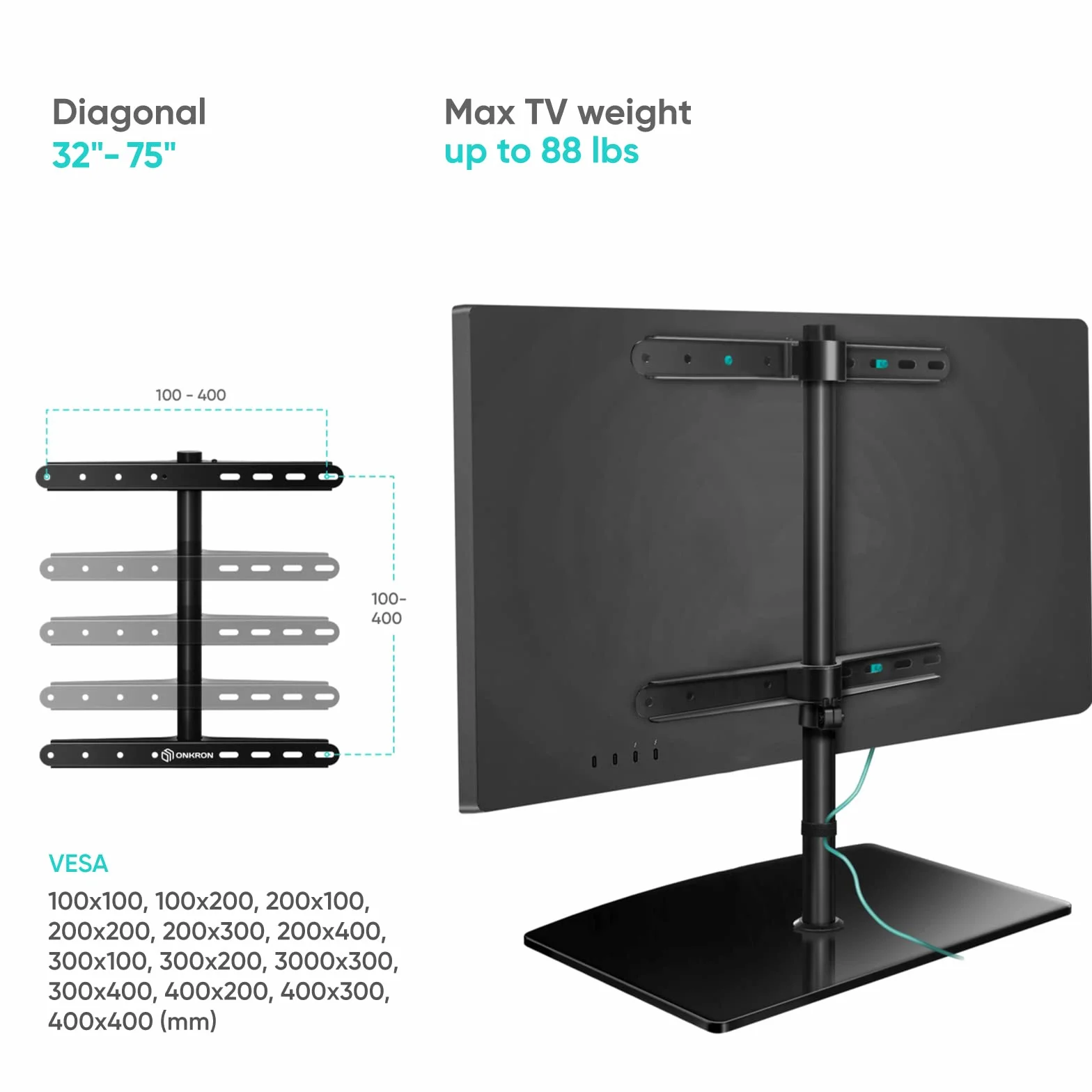 ONKRON Supporto TV da Tavolo 32-75 pollici, fino a 40 kg, VESA 100x100-400x400 mm, Porta TV Girevole, Porta Televisore in Vetro Temperato, Supporto per Schermo da Scrivania Girevole, Nero PT3-B