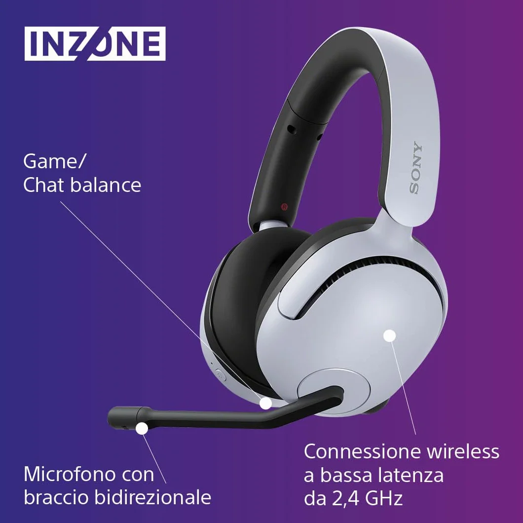 Sony INZONE H5 - Cuffie gaming wireless, Suono spaziale 360°, Batteria 28h, Microfono AI, Compatibili PC PS5, Bianco