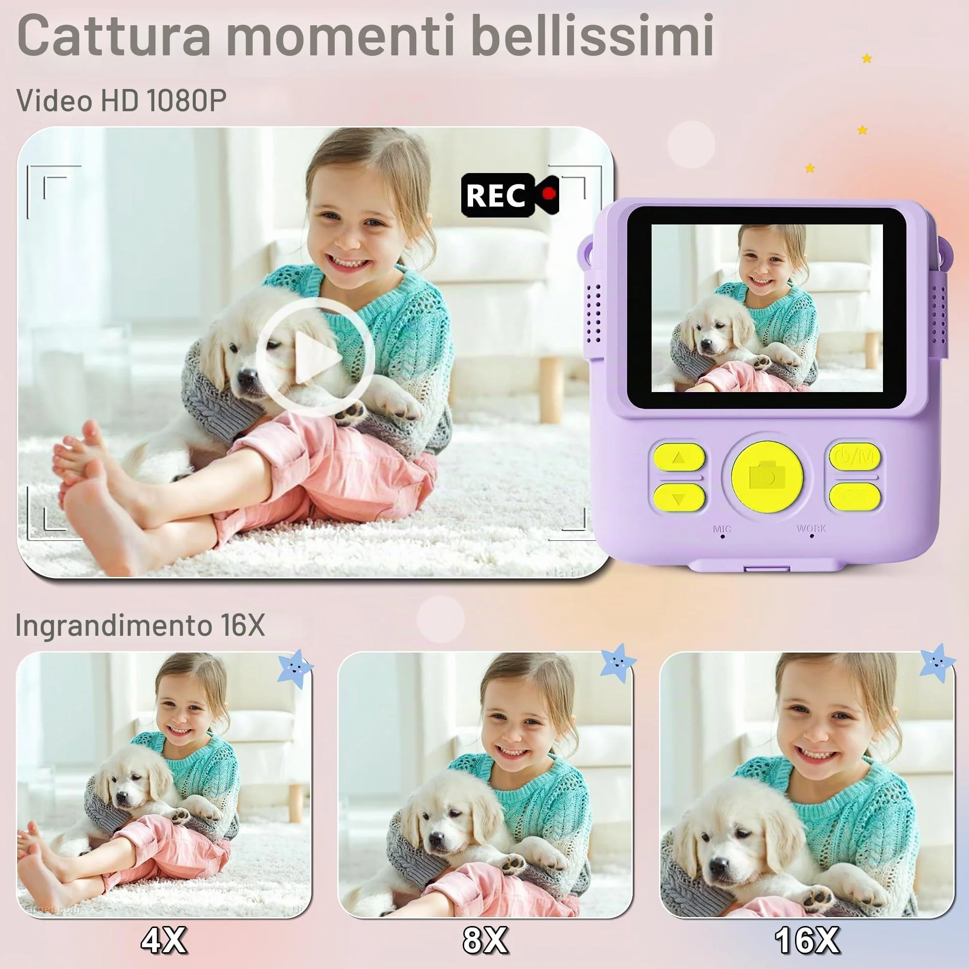 GKTZ Macchina Fotografica Bambini Istantanea - 1080P HD Digitale Fotocamera Stampa, Giocattolo con 32GB Scheda e 3 Rotoli di Carta Fotografica, Regali di Compleanno per Bambine di 4-12 Anni, Viola