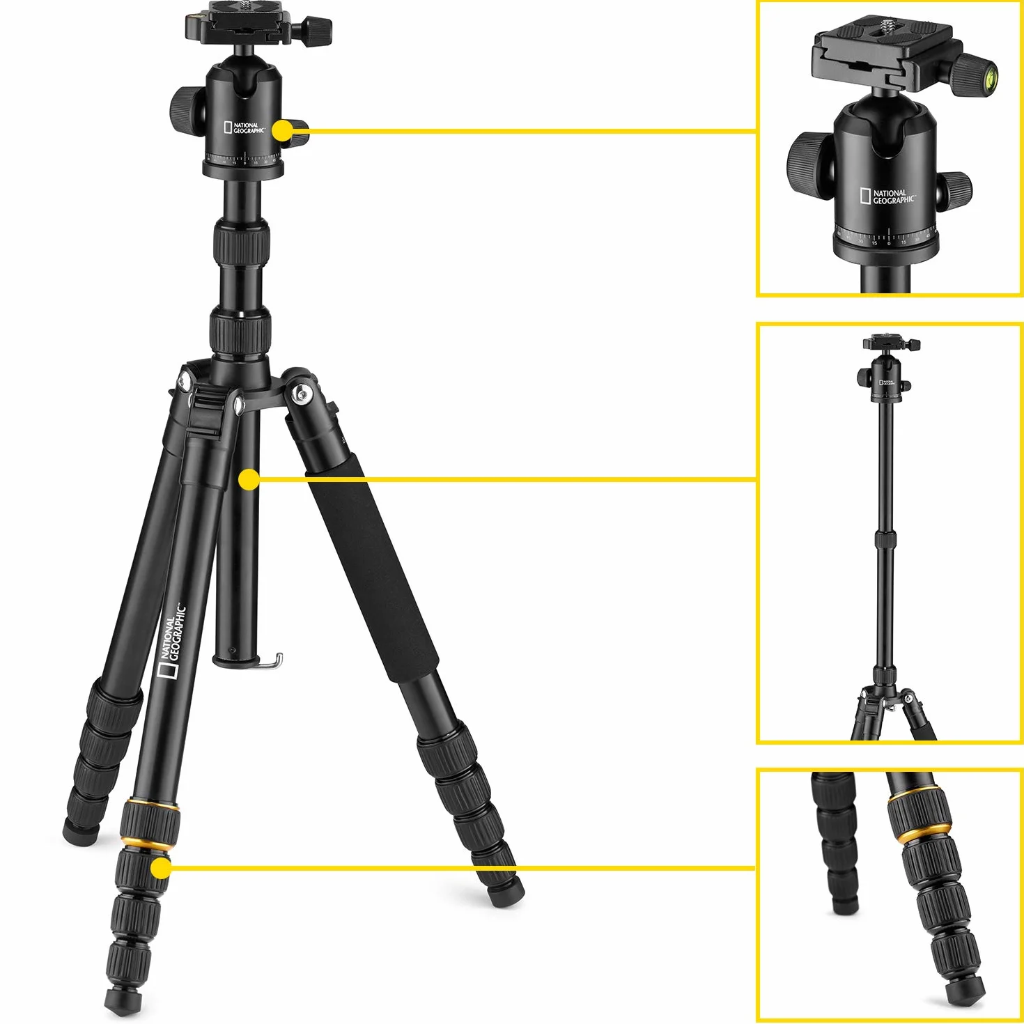 National Geographic NGTR002T - Travel Kit Treppiede con Monopiede, Alluminio, Gambe 5 Sezioni, Twist Lock, Sacca Trasporto, Carico Fino a 8 kg, Testa a Sfera, Sgancio Rapido, Nero [Esclusiva Amazon]