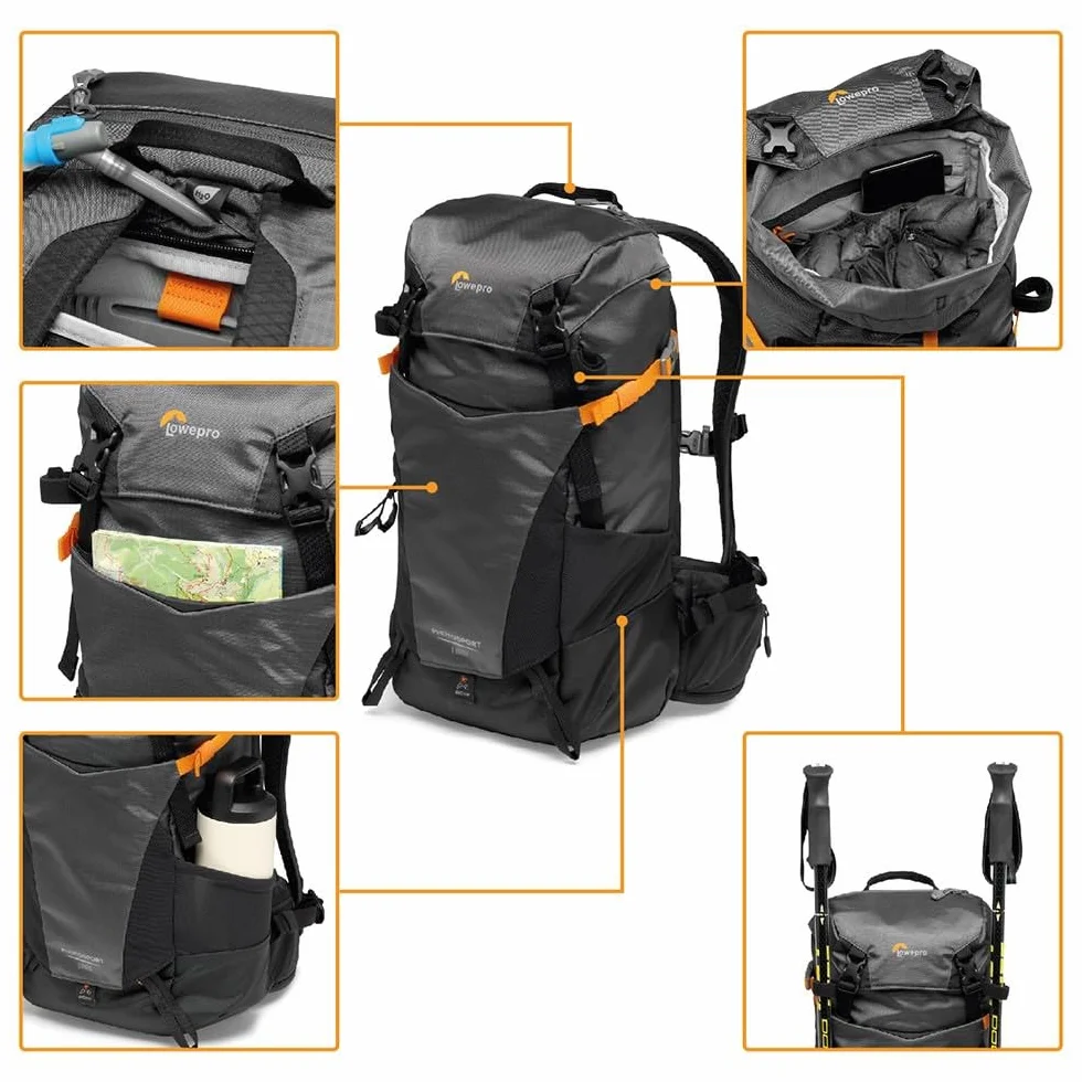 Lowepro PhotoSport BP 15L AW III, Zaino Fotografico da Hiking con Accesso Laterale, Inserto per Fotocamera Mirrorless Rimovibile, Sistema di Cinghie per Accessori, Grigio, Compatibile con Sony α6000
