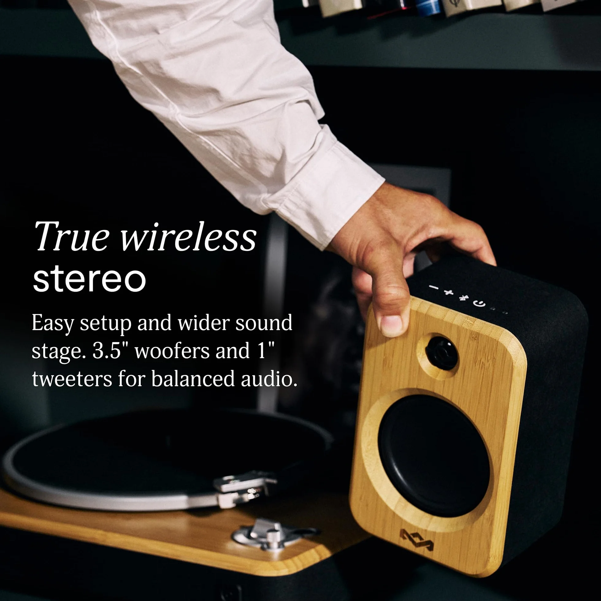 Marley House of Get Together Duo 2 Altoparlanti Attivi da Scaffale - 2x10W, 1 Portatile + 1 Fisso, Casse per Giradischi, Accoppiamento Bluetooth Stereo, Ingresso RCA/AUX, Design Sostenibile, Bambù