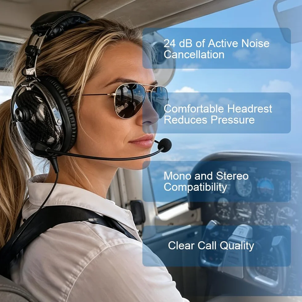 Cuffie aviazione in fibra di carbonio con riduzione passiva del rumore, compatibilità mono e stereo, microfono con cancellazione del rumore, ingresso MP3, include borsa per cuffie