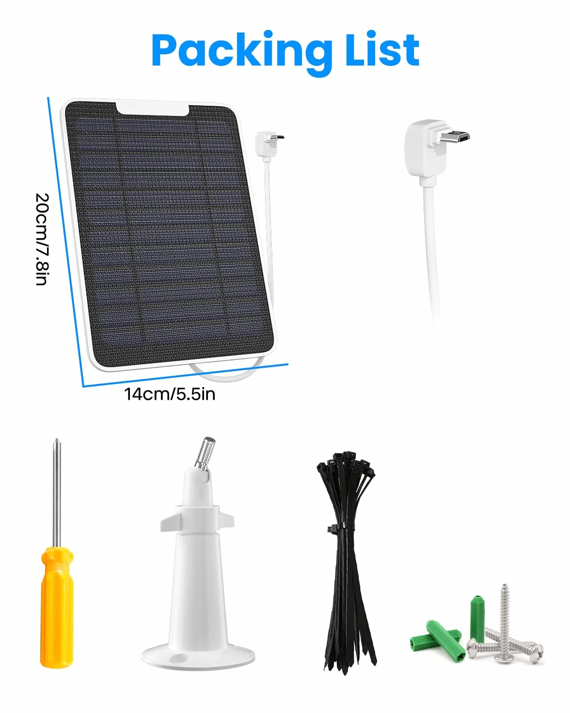 Caricatore per pannello solare compatibile con fotocamera Arlo Essential Spotlight/XL, caricatore per pannello solare Arlo Essential da 5 W, impermeabile IP65, cavo micro USB da 3 m e montaggio a