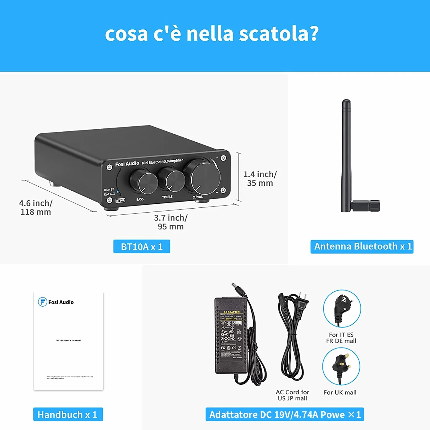 Fosi Audio BT10A Amplificatore Bluetooth 5.0 TPA3116 50Wx2 HiFi Stereo Classe D 2.0 Canali