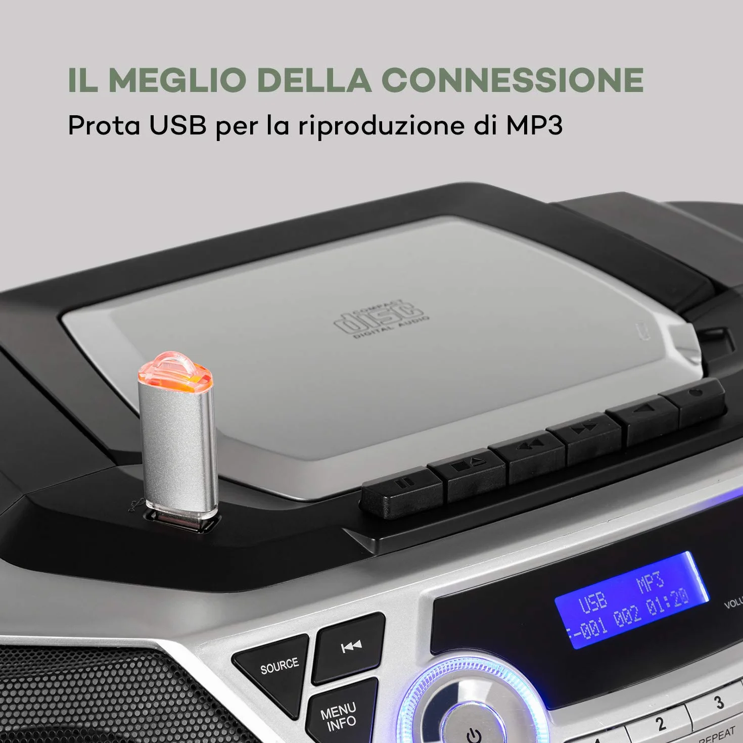 auna Roadie 2K - Boombox, Radio DAB+/FM, Lettore CD, CD-R/CD-RW/CD-MP3, Radiocassette, Portatile, USB, MP3/WMA, Bluetooth 5.0, AUX, Alimentazione a Corrente e Batteria, Argento