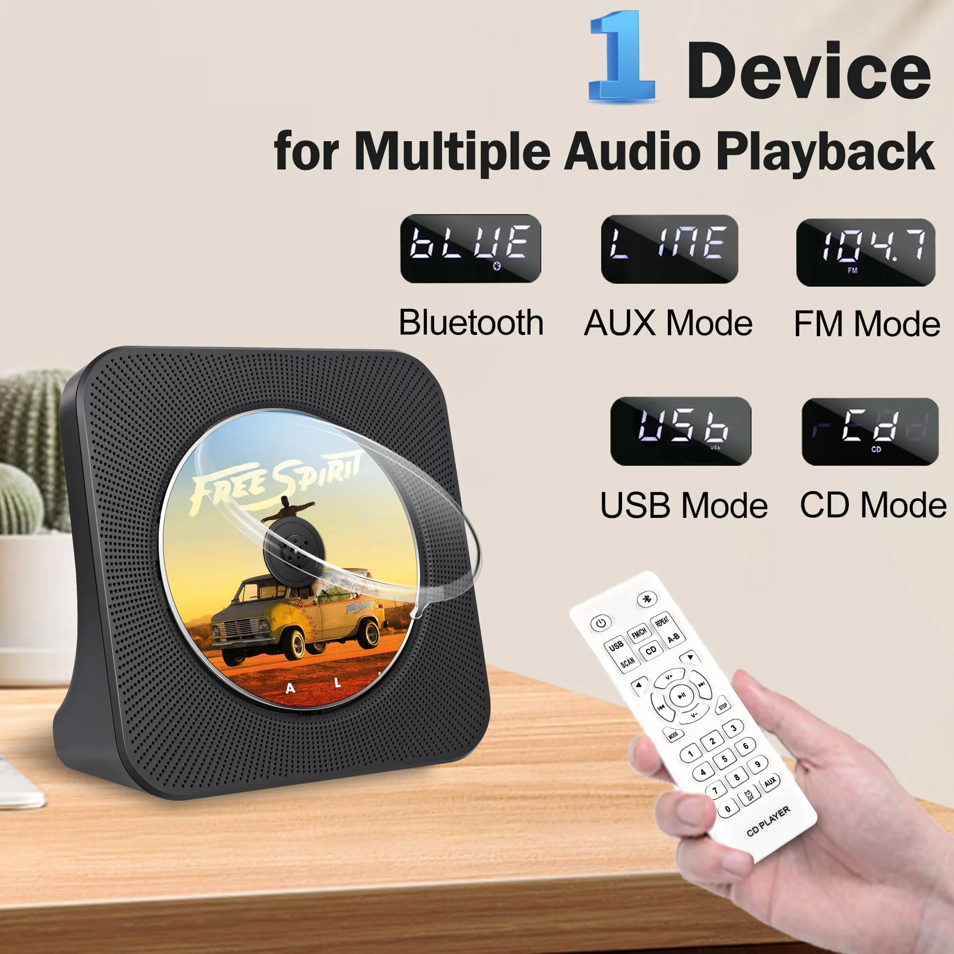 Lettore CD Portatile con Bluetooth, USB, AUX, Stereo Lettore CD Casa Ricaricabile con Copertura, HIFI Sterei per CDs（Nero）