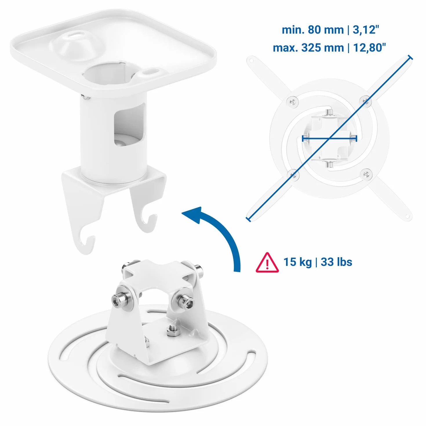 deleyCON Universal Beamer Supporto per Proiettore a Soffitto +-25° Inclinabile 360° Orientabile Resistente Fino a 15kg Supporto a Soffitto 215mm - Bianco