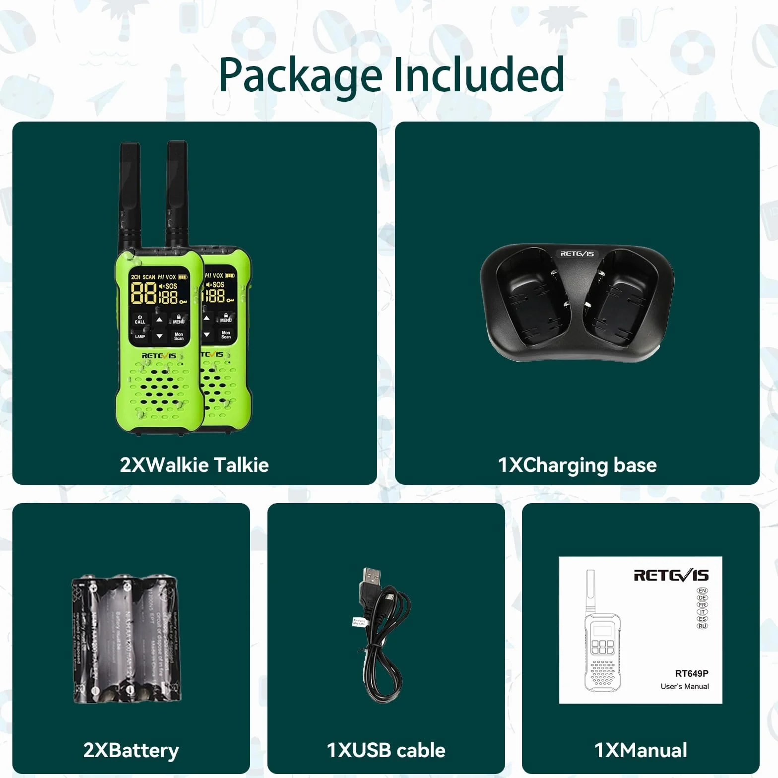 Retevis RT649P IP67 Walkie Talkie Impermeabile Galleggianti Ricaricabili PMR446 16CH Allarme SOS Lungo Raggio 2 Pz