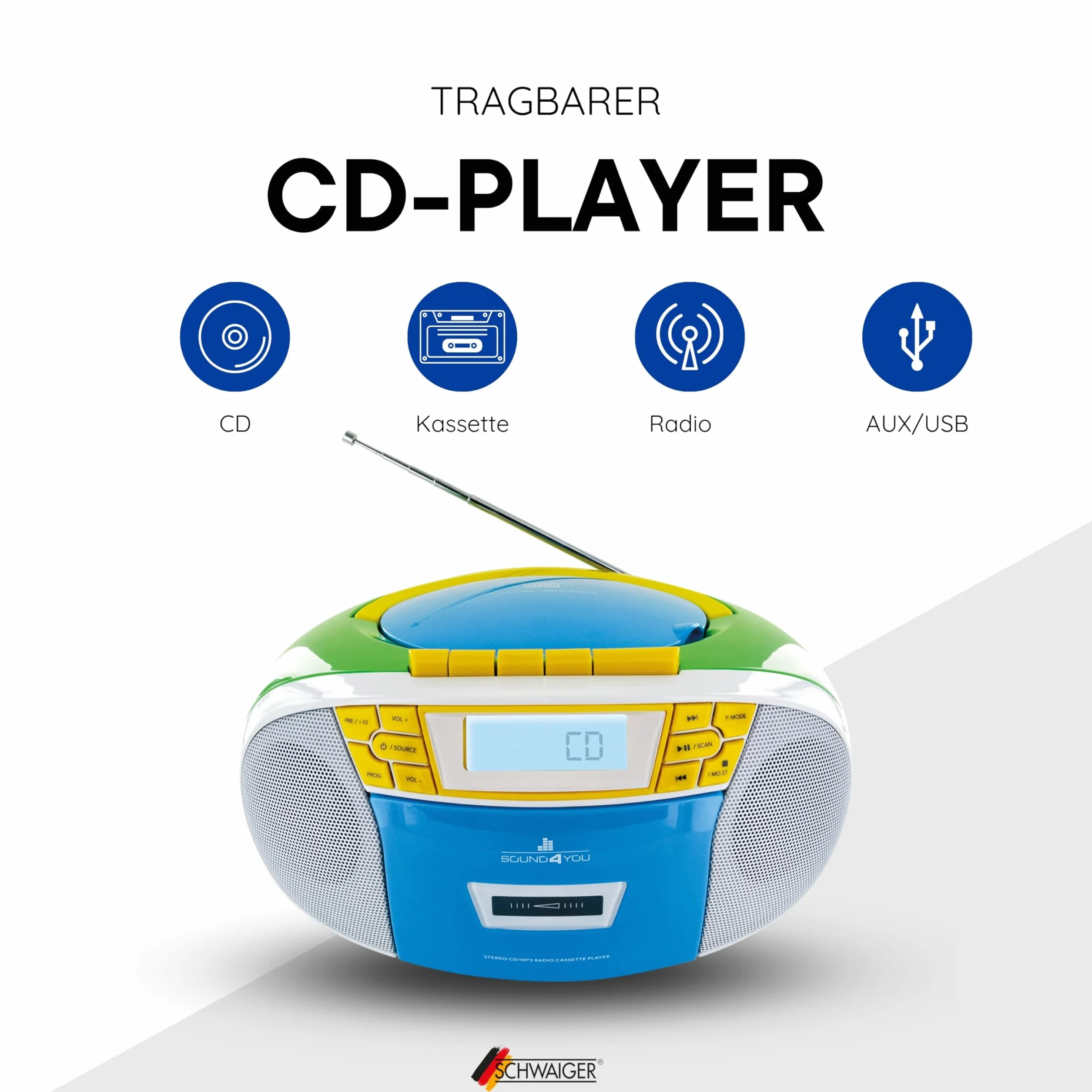 SCHWAIGER Lettore CD con cassette e radio MP3 Boombox portatile USB FM AUX