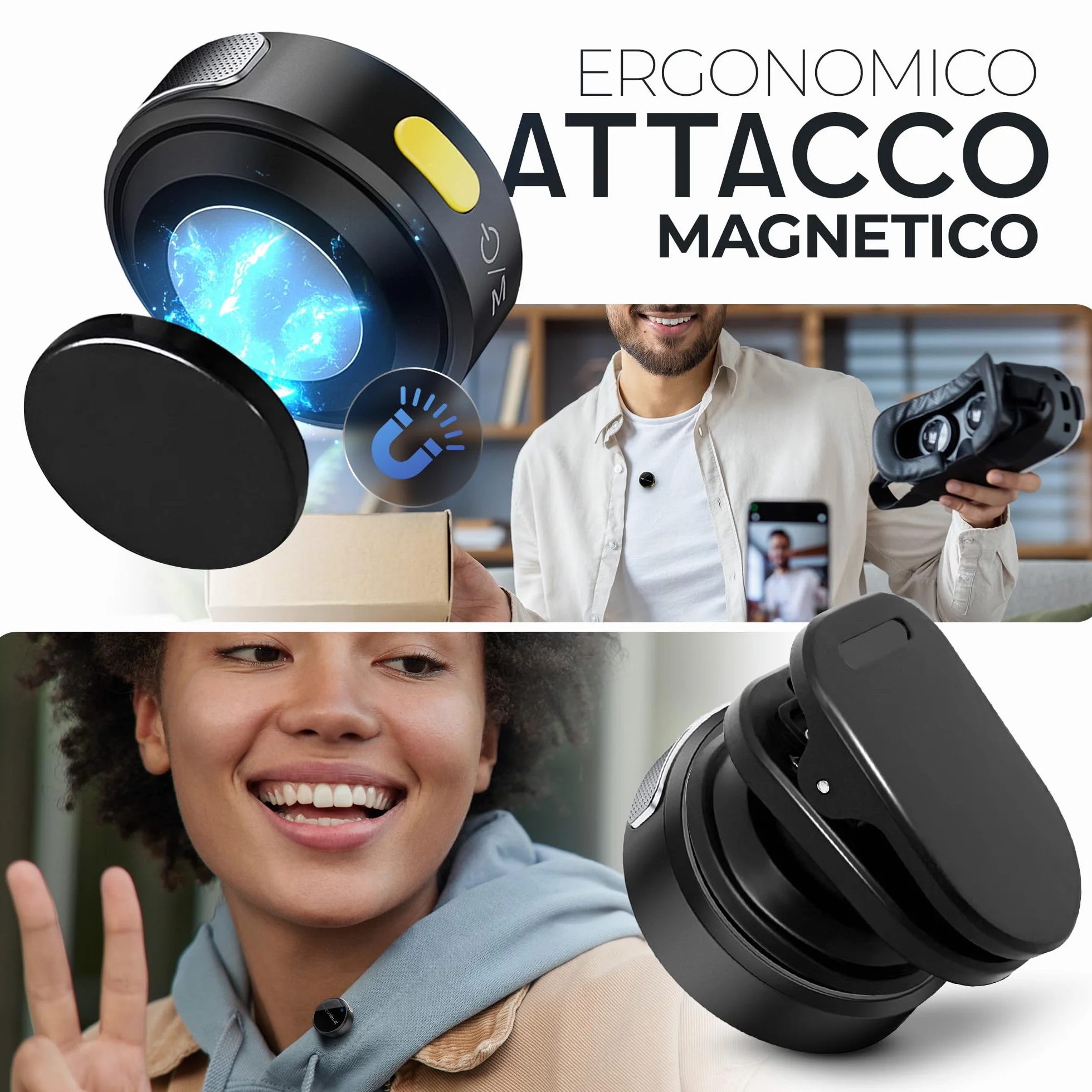 Microfono Lavalier Wireless per iPhone, Android, Fotocamera, PC - Audio Chiaro, Cancellazione Rumore, Portata 100 m - Autonomia 25 h con Custodia di Ricarica