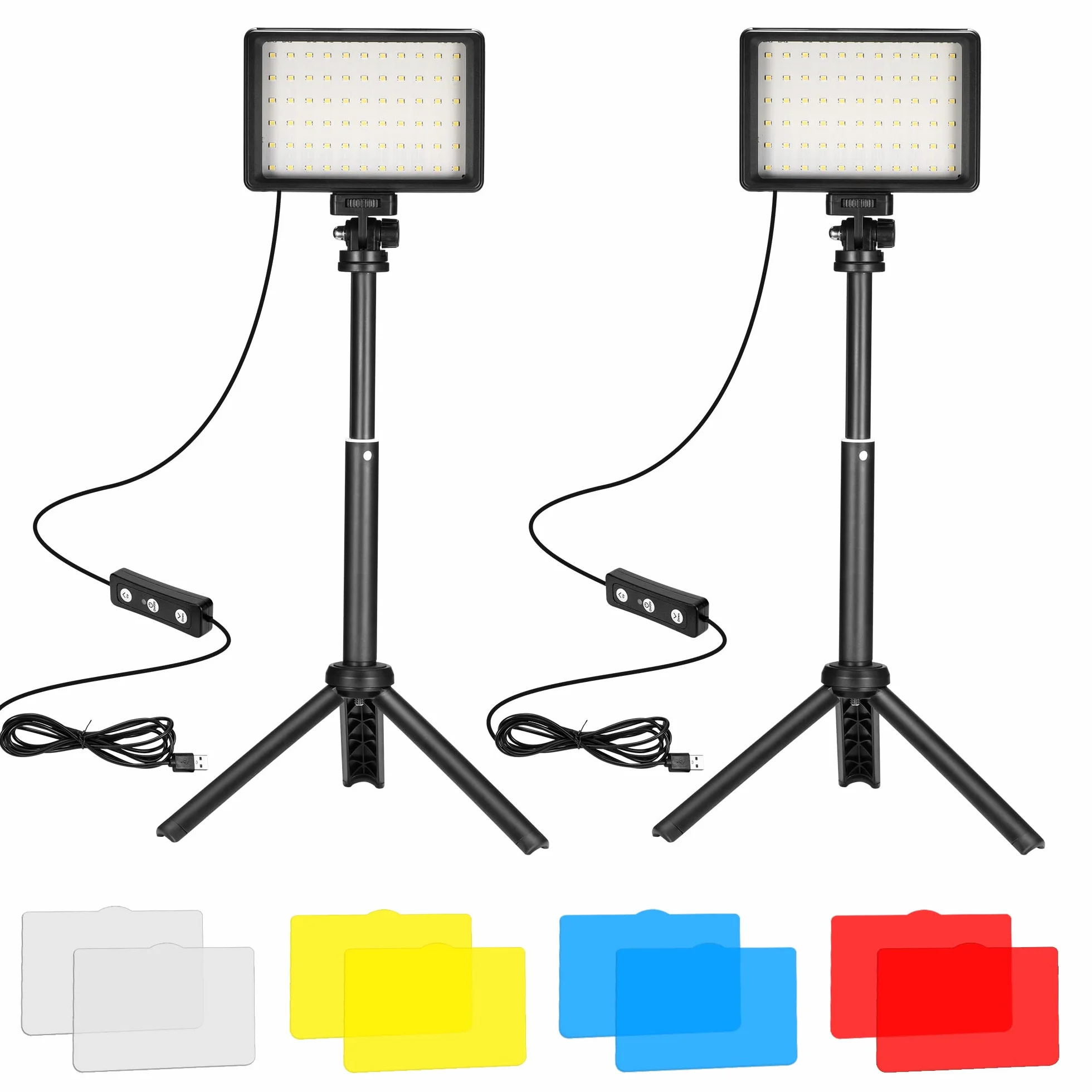 LED Luce Video 2-Pack, Luci Fotografiche USB 5600K Dimmerabile con Mini Treppiede e Filtri Colorati per Studi Fotografici, Riprese da Piccoli Angoli, Registrazione Video, Streaming di Giochi