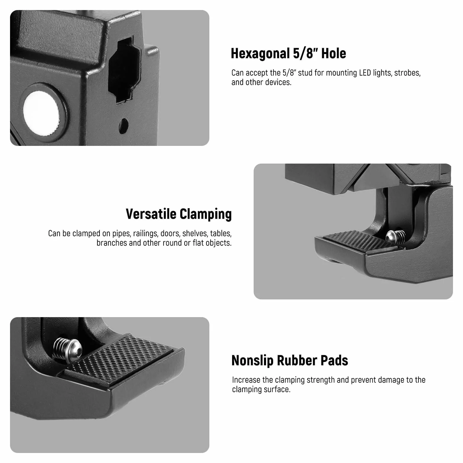 NEEWER 2pz Super Clamp con Perno 5/8", Blocco a Molla, Morsetto Ganascia da 2,4", Morsetto Granchio Robusto per Palo per Superficie Piana di Tubo Tondo, per Montaggio Luce Fotocamera, Max 15kg, UA017