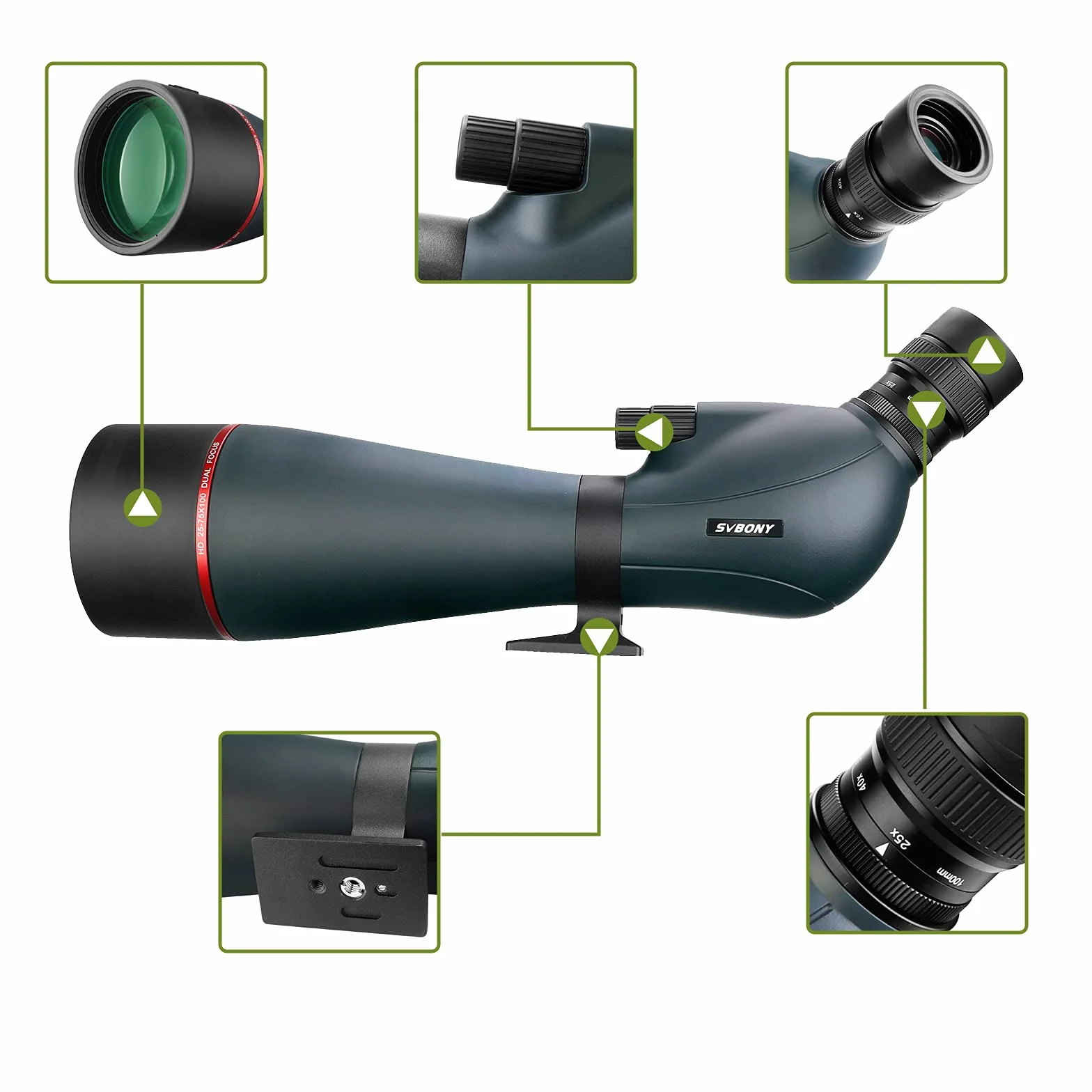 Svbony SV406 Spotting Scope 25-75x100, Prisma con Rivestimento Porro FMC a Doppia Messa a Fuoco, Cannocchiali Angolati Impermeabili HD per Astronomia Luna Birdwatching Scenario della Fauna Selvatica