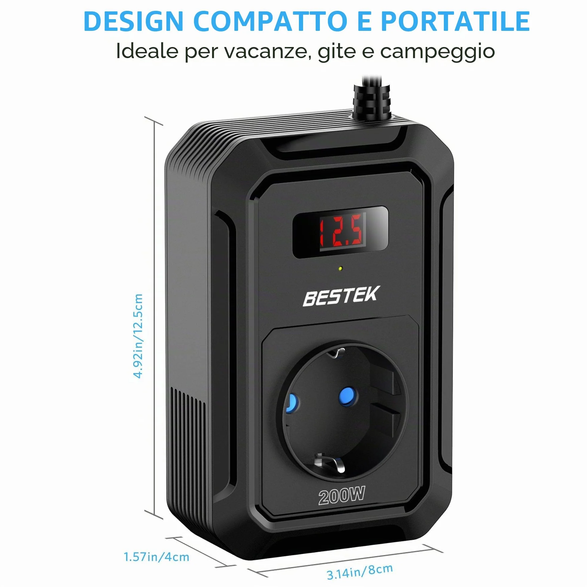 BESTEK 200W Inverter 12v 220v 230V 240V Onda Pura,Inverter Auto con Prese AC 2 USB-C (2*PD 30 W) 2 USB-QC (18 W),Convertitore Potenza per Camper/Barca a Onda Sinusoidale Modificata（Nera）