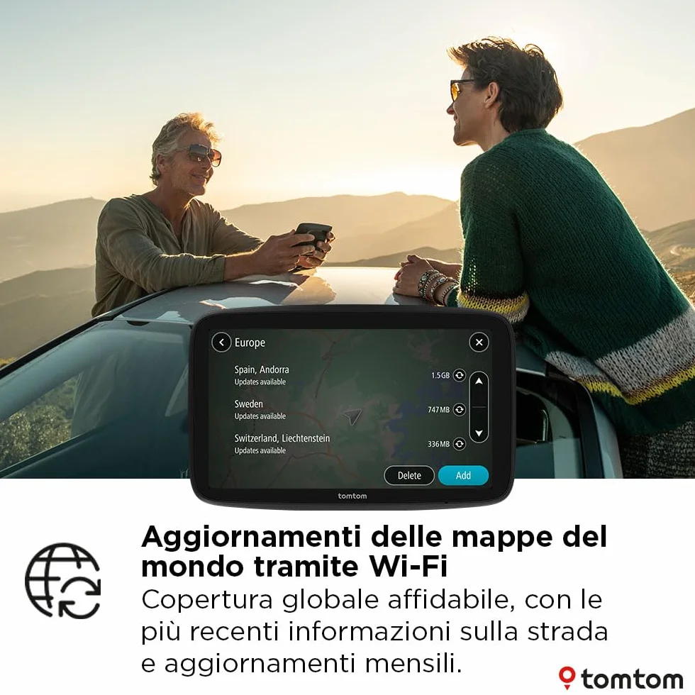 TomTom Navigatore per Auto GO Advanced (6", Info traffico e Avvisi autovelox, mappe mondo, Aggiornamenti Wi-Fi, Indicatore corsia in movimento, Segnali visivi, Supporto reversibile integrato)