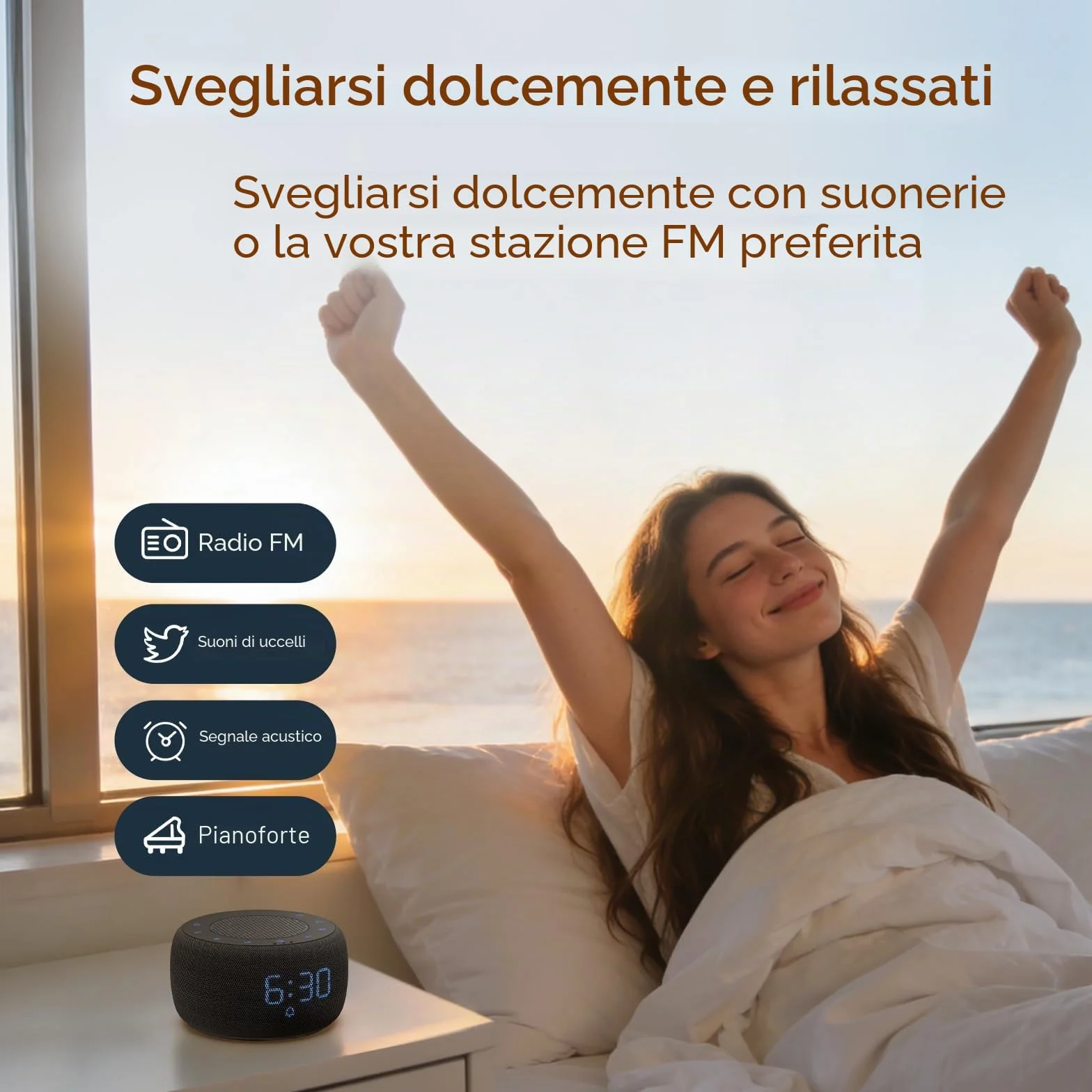 DOUMOSH Radiosveglia con Bluetooth, sveglia digitale con display dimmerabile 0-100%, luce notturna colorata per camera da letto