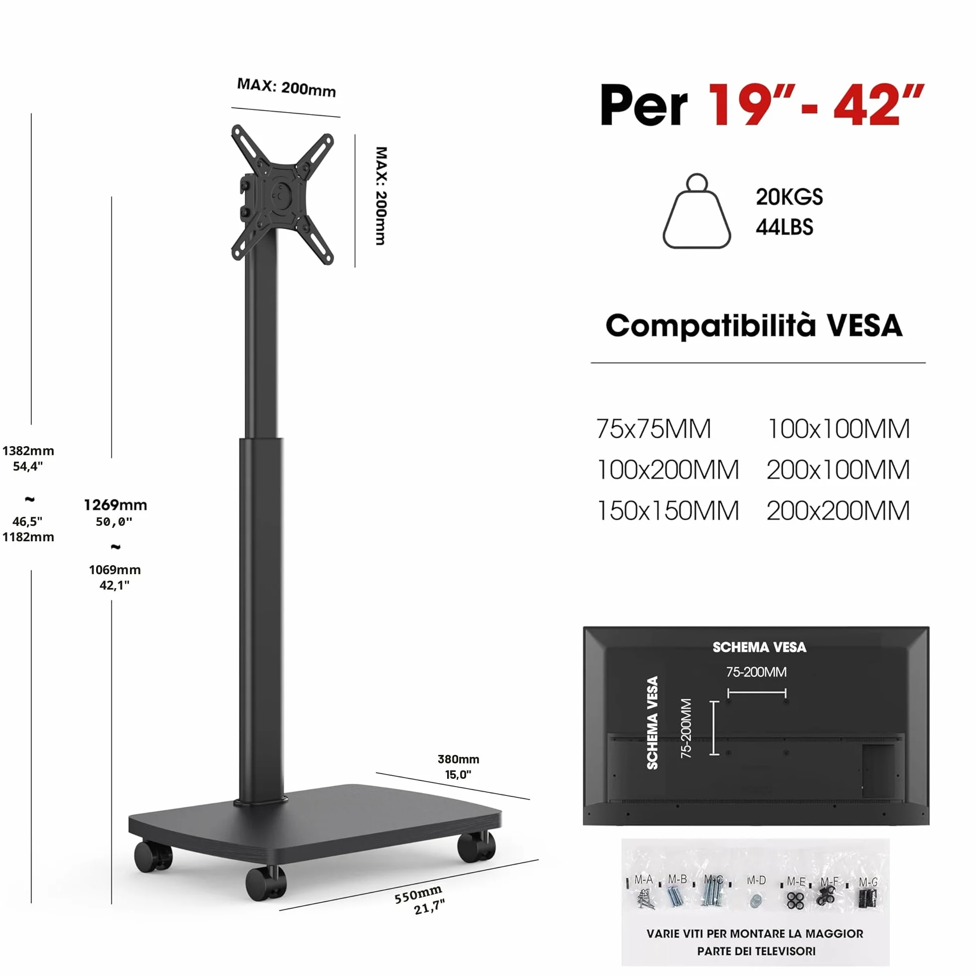 AOKCOS Supporto TV da Pavimento Orizzontale e Verticale per 19-42 Pollici, Carrello Porta TV con Ruote Base in Legno, Inclinazione & Girevole, fino a 20 kg max. VESA 200×200 mm Nero
