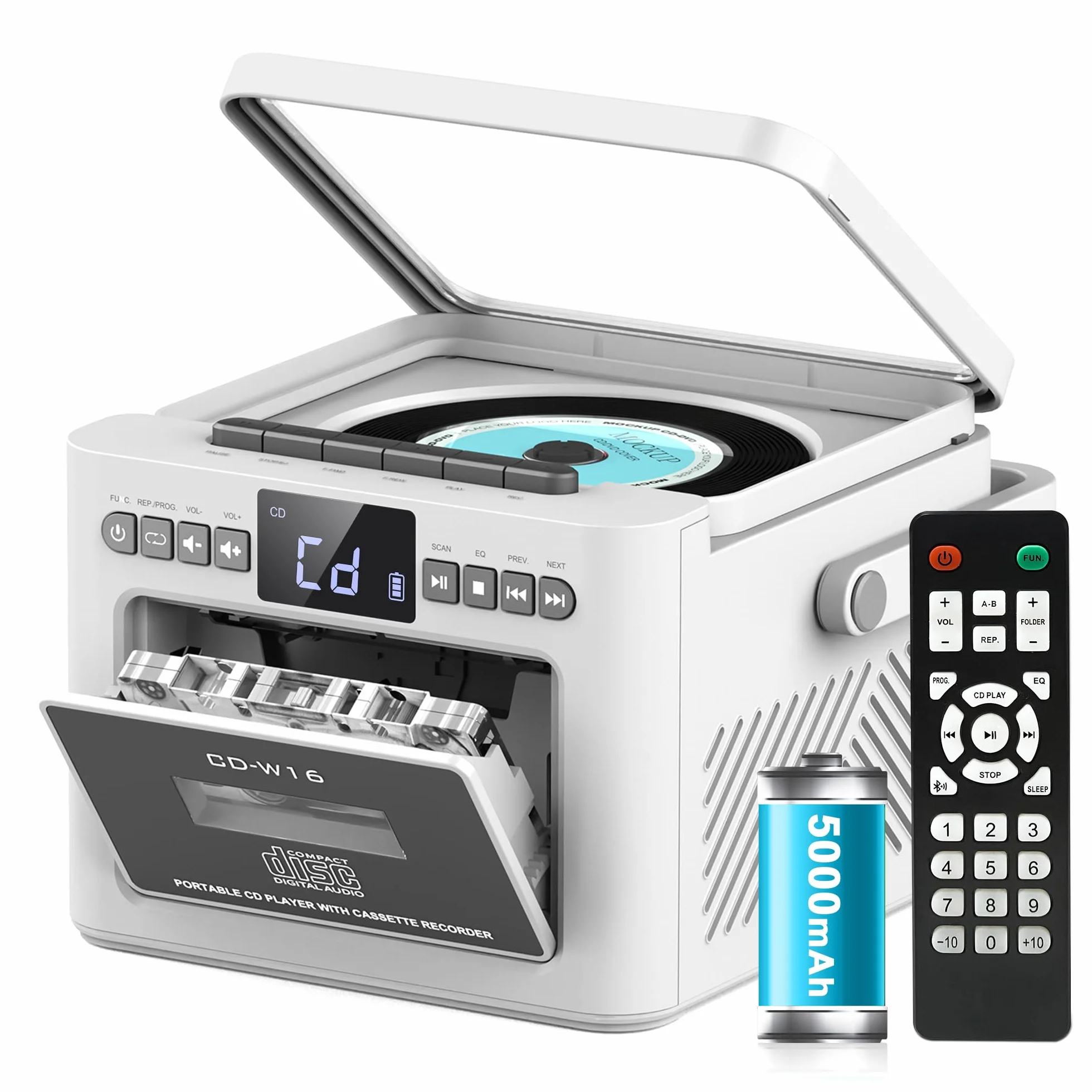 Greadio Lettore CD Portatile, Boombox con Lettore di Cassette e Radio FM, Bluetooth 5.1, Batteria Ricaricabile da 5000mAh, Telecomando, Ingresso AUX/USB/Scheda SD, Altoparlante da 5W, Schermo LED
