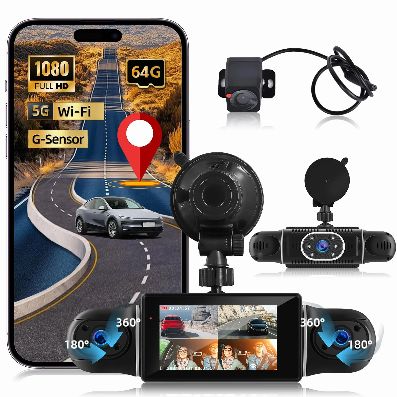 NHOPEEW Dash Cam a 360° a 4 canali per auto - Videocamera da cruscotto 1080P con controllo tramite app Wi-Fi, visione notturna/registrazione in loop/monitoraggio parcheggio/sensore G