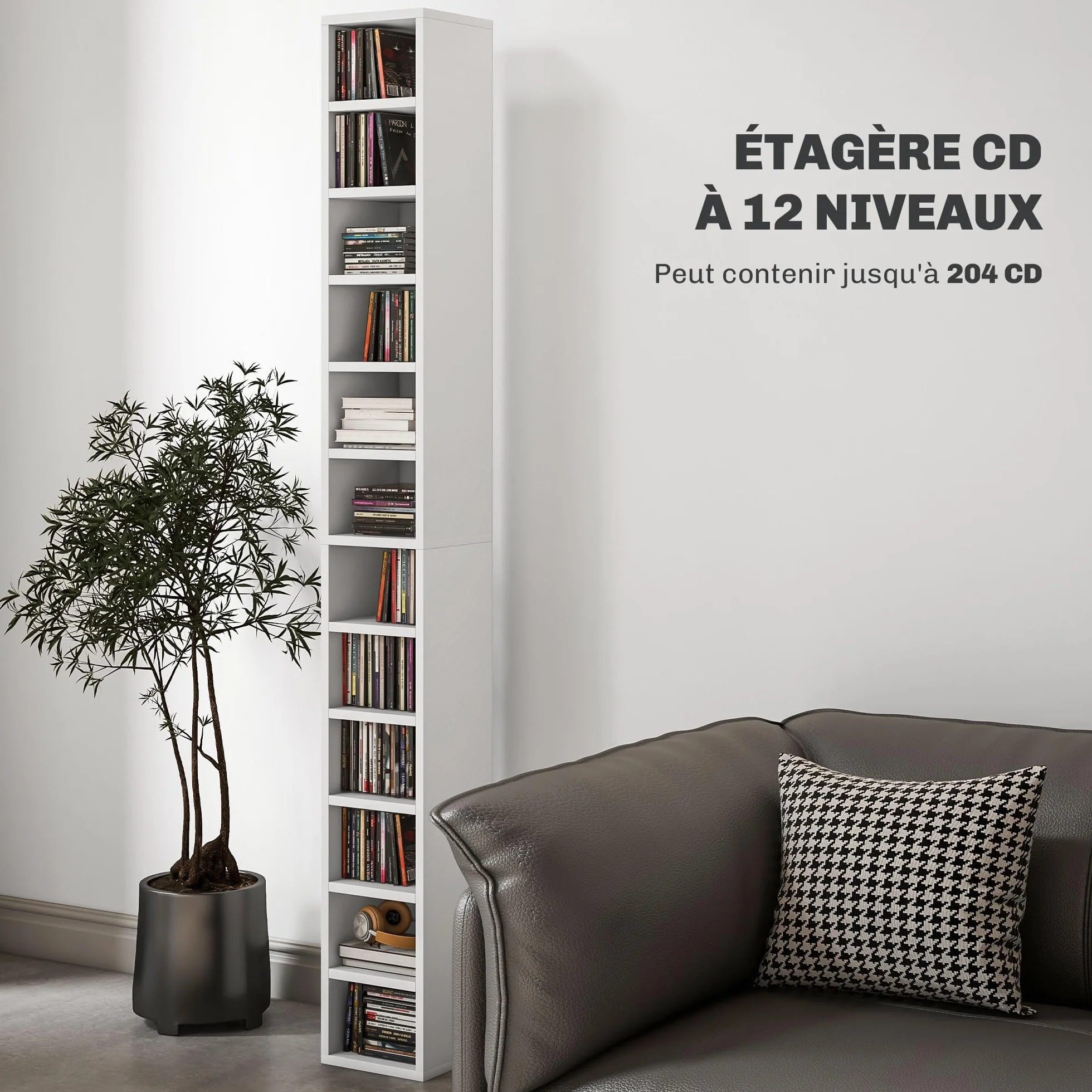 HOMCOM Contenitori per CD e DVD, ripiano a colonna, contenitore con 12 scomparti, capacità massima 204 CD, 21 x 20 x 175 cm, bianco