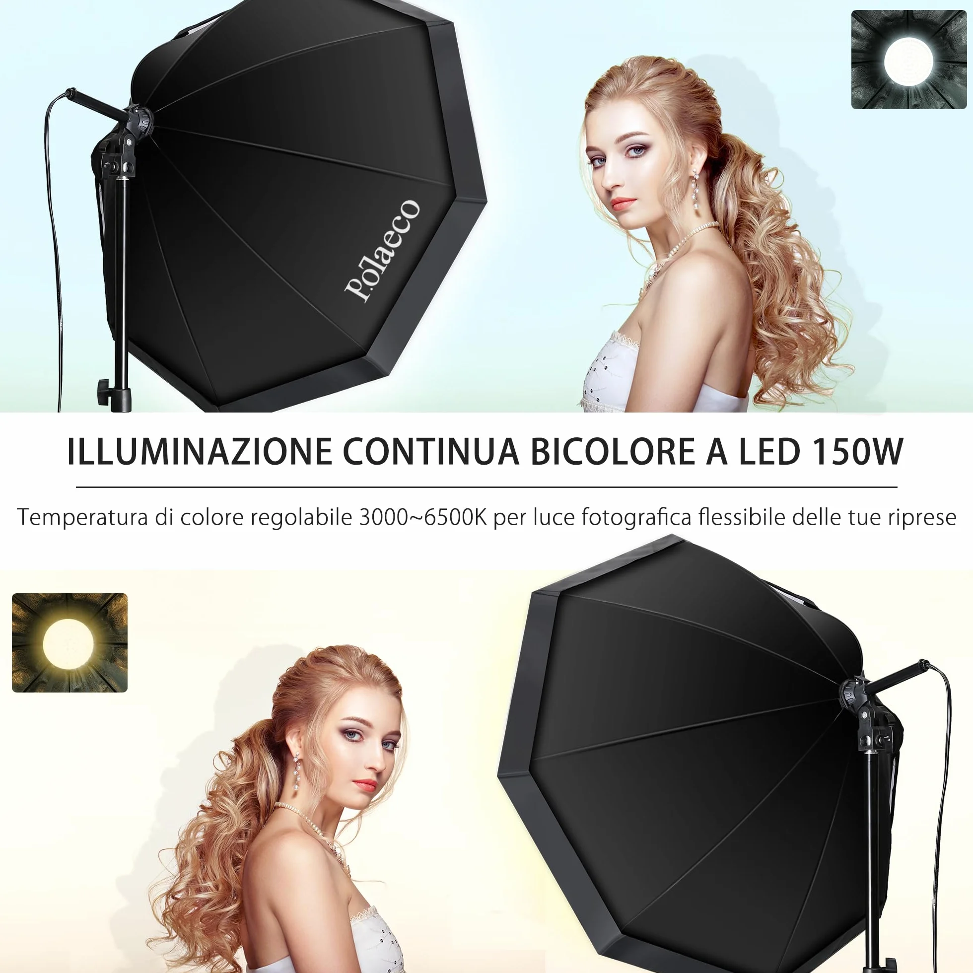 Softbox LED Set Luci per Studio Fotografico Softbox Octagon con 150W E27 Lampadine Dimmerabile 3000~6500K e Supporti Regolabili 2m per Ritratti Foto di Moda Prodotti Video YouTube Live Streaming