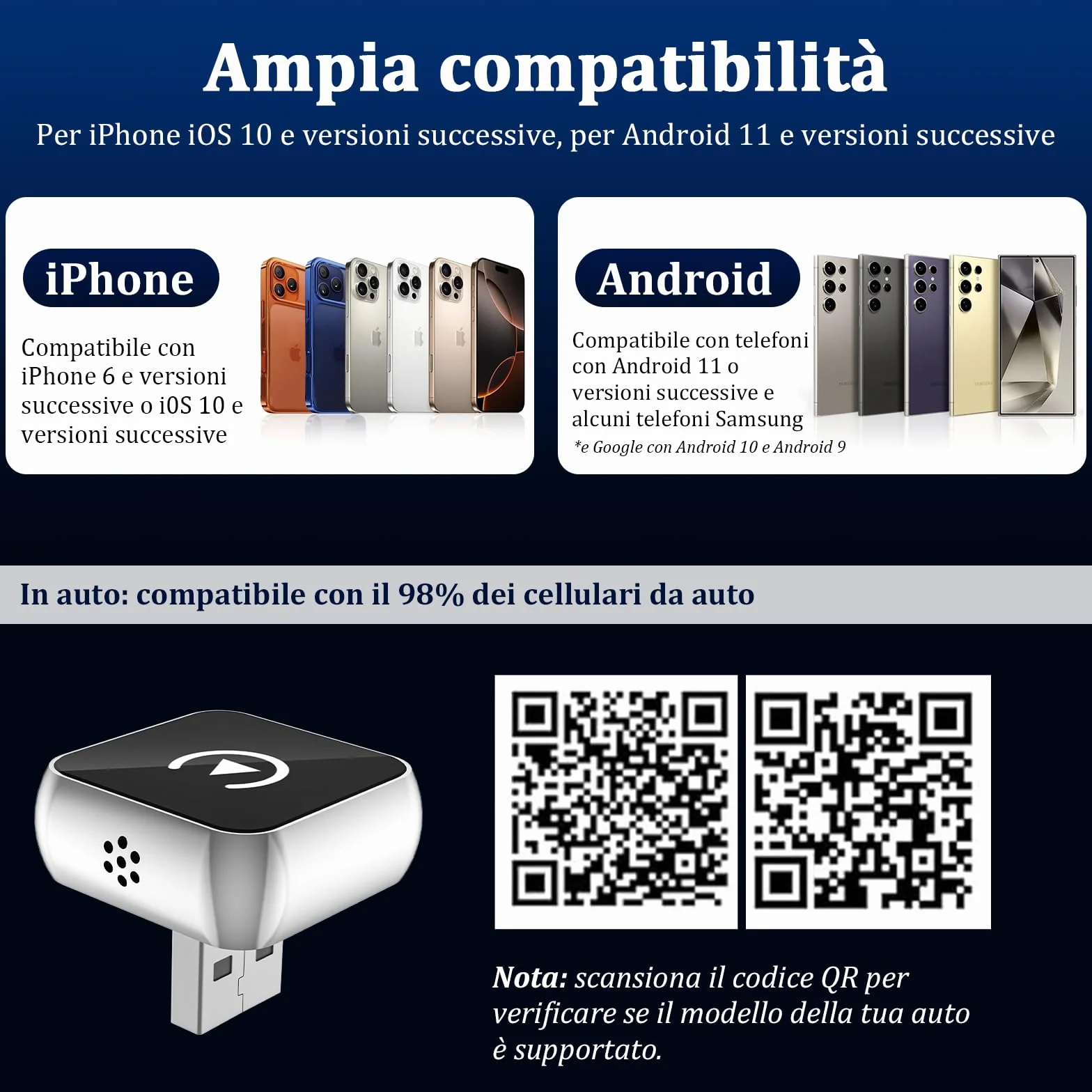 Adattatore Wireless Android Auto CarPlay 2-in-1 USB Type-C per Apple, Chiavetta Dongle Compatibile con iPhone iOS 10+ e Android 11+, Argento