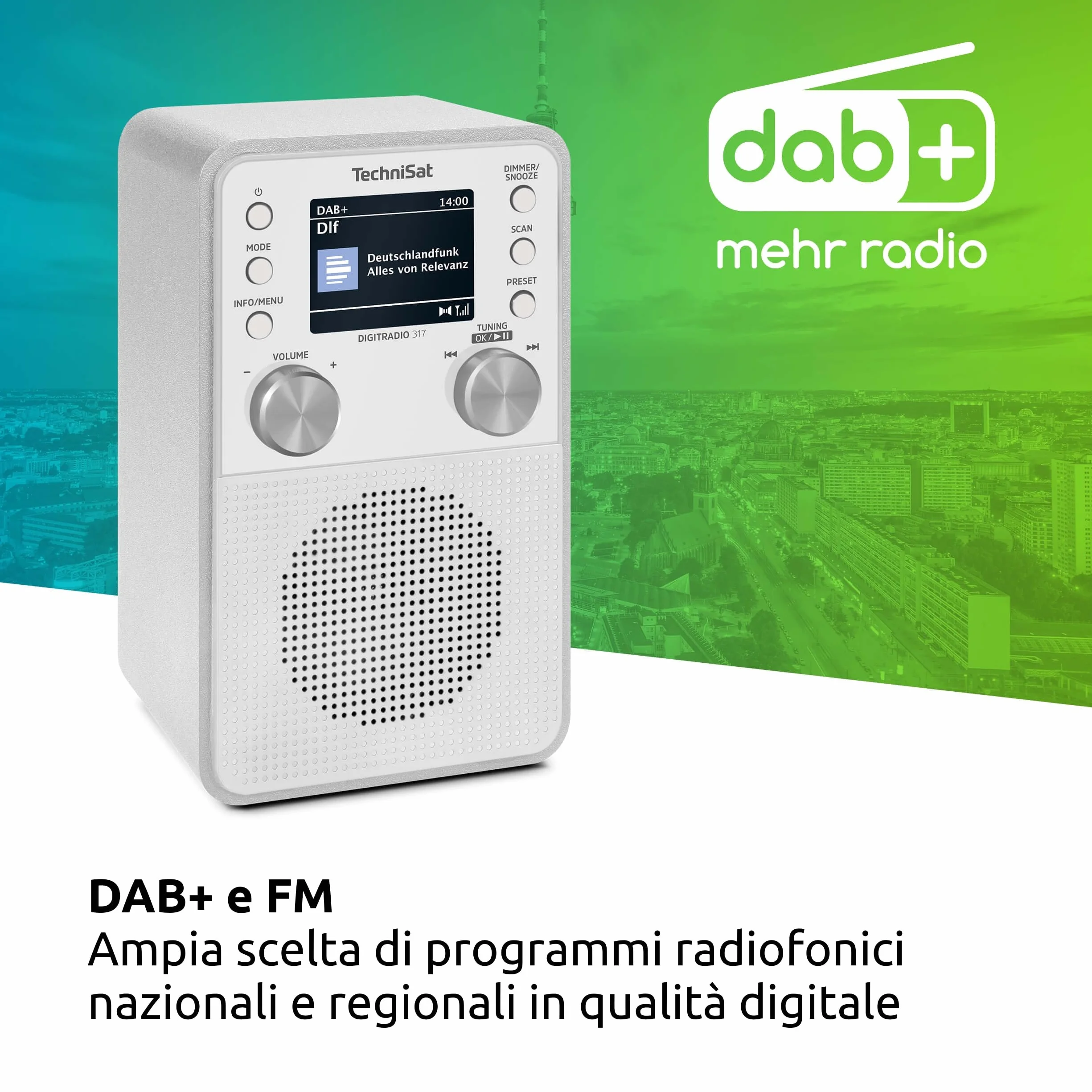 TechniSat DIGITRADIO 317 Radio FM DAB+ Bluetooth Streaming Sveglia Timer Display 2,4 Pollici 3W Bianco