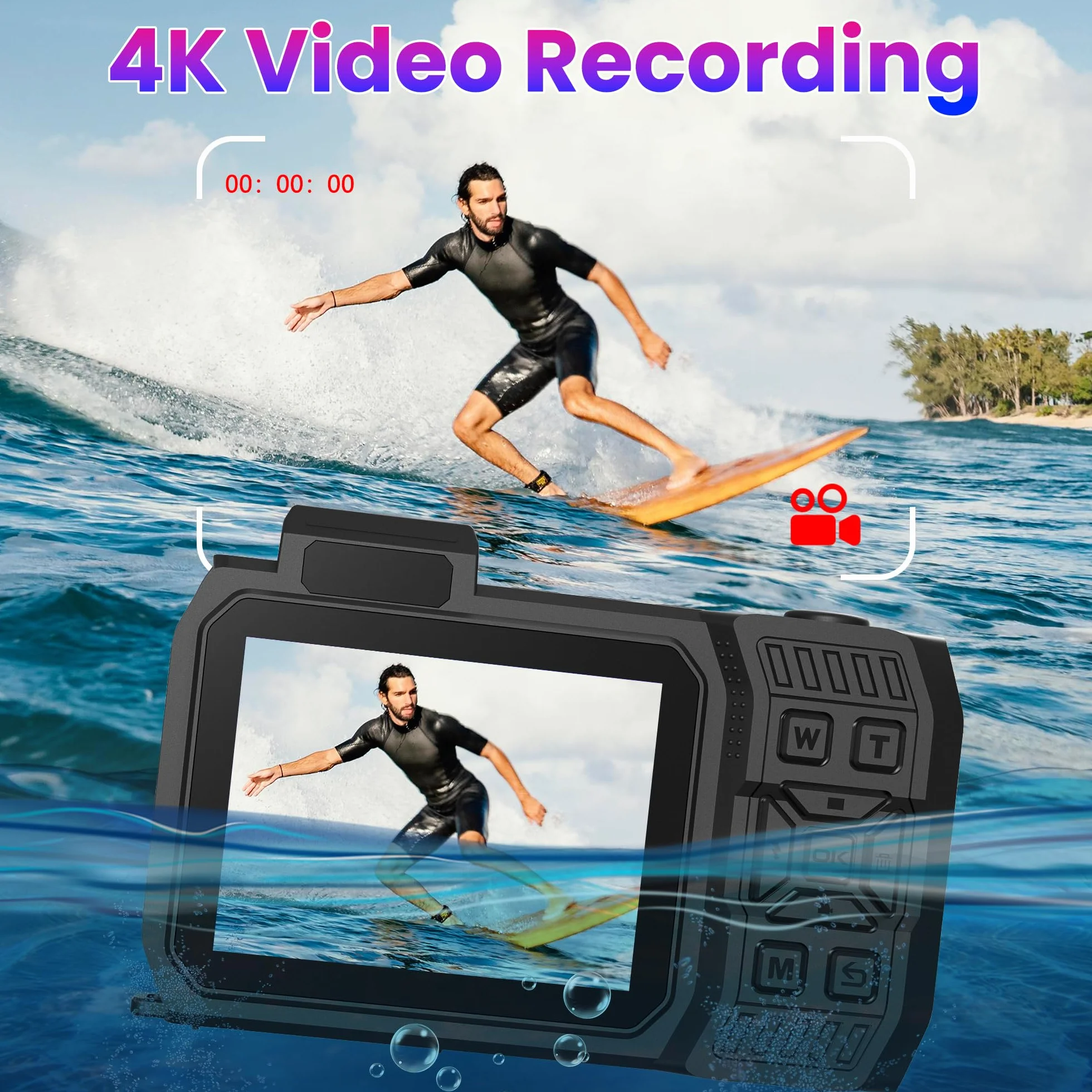 Fotocamera digitale 4K 33FT con scheda 64G, fotocamera subacquea da 48 MP, impermeabile, robusta, antipolvere, antiurto, per snorkeling, immersioni, selfie, doppio schermo, punto e fotocamera digitale