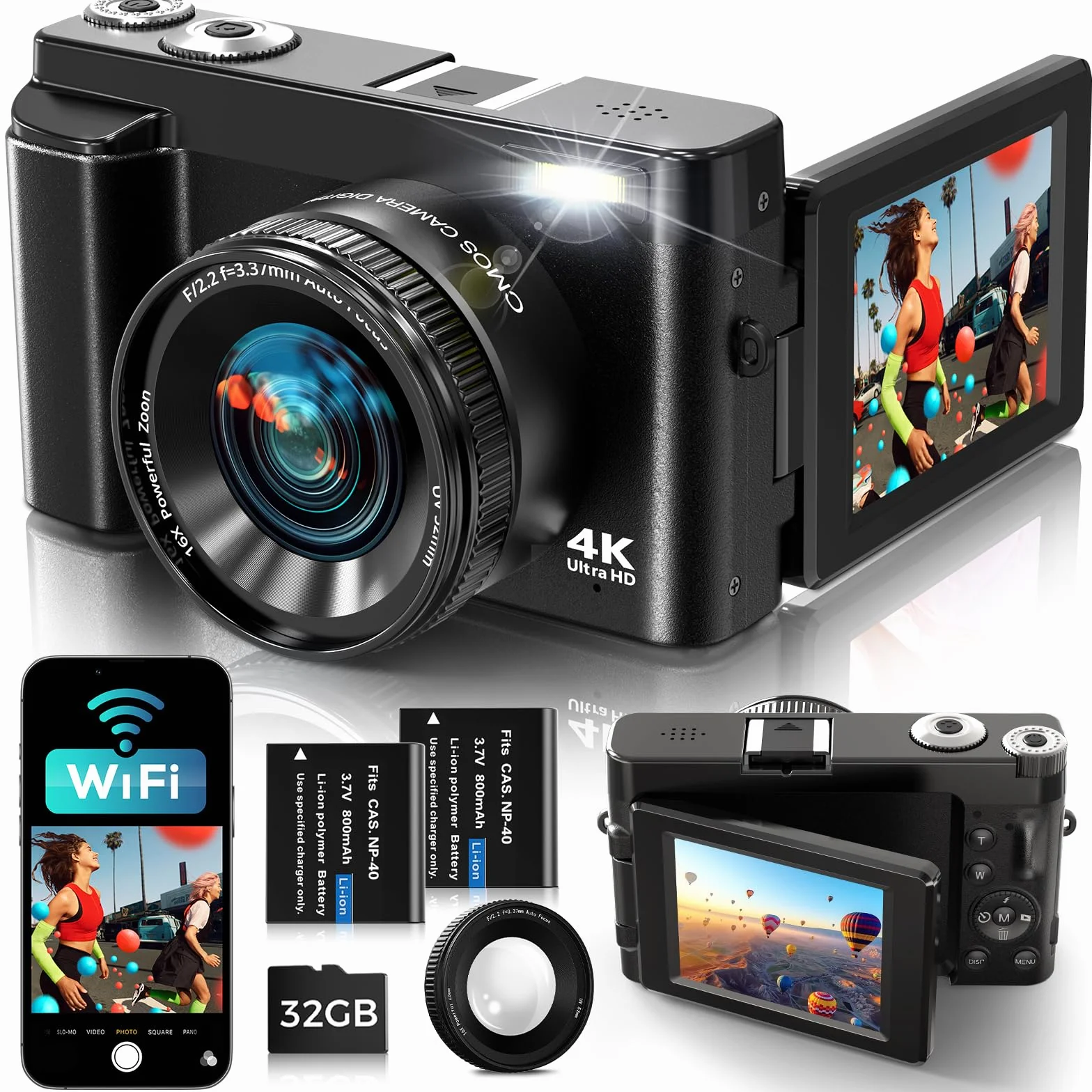 Fotocamera Digitale 4K con WiFi 64MP Macchina Fotografica Digitale con Schermo 3" 180° Flip, Schede da 32 GB, 2 Batterie, Zoom Digitale 16X, Autofocus, Anti-Shake per Adolescenti, Adulti, Principianti