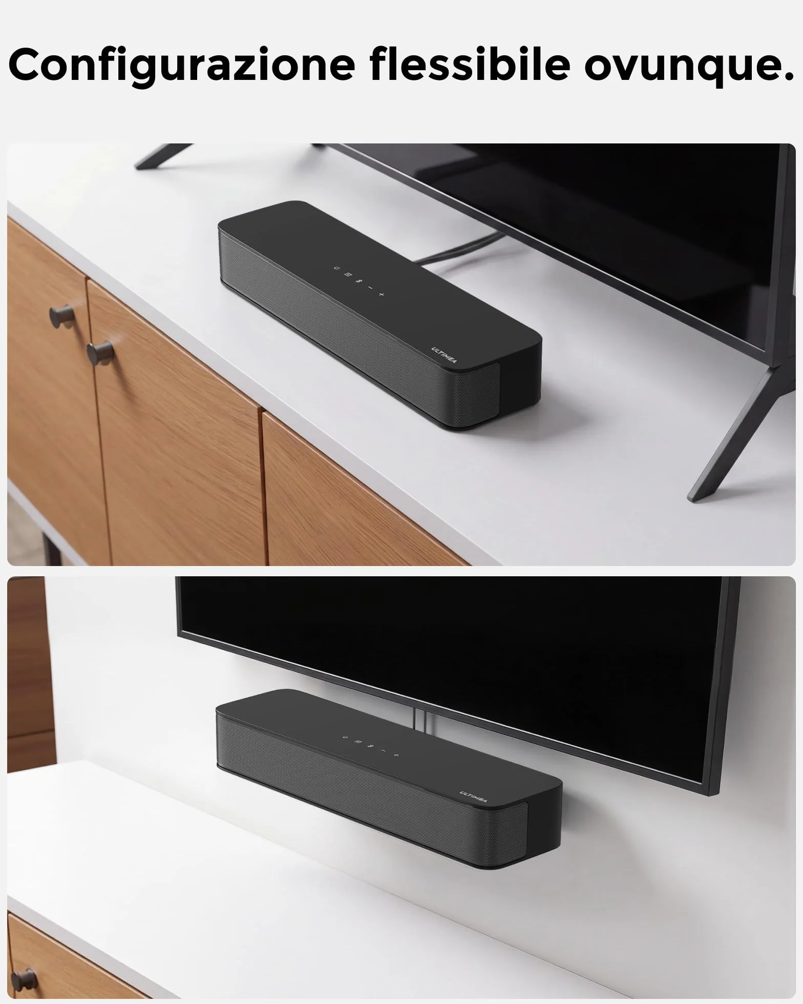 ULTIMEA 2.1 Ch Soundbar Per TV, Subwoofer Integrato, All-In-One Per PC E Giochi. App Controllo, 132W Potenza Picco, Bluetooth 5.4, OPT/AUX Ingressi, Montaggio A Parete, Poseidon M20 Pro