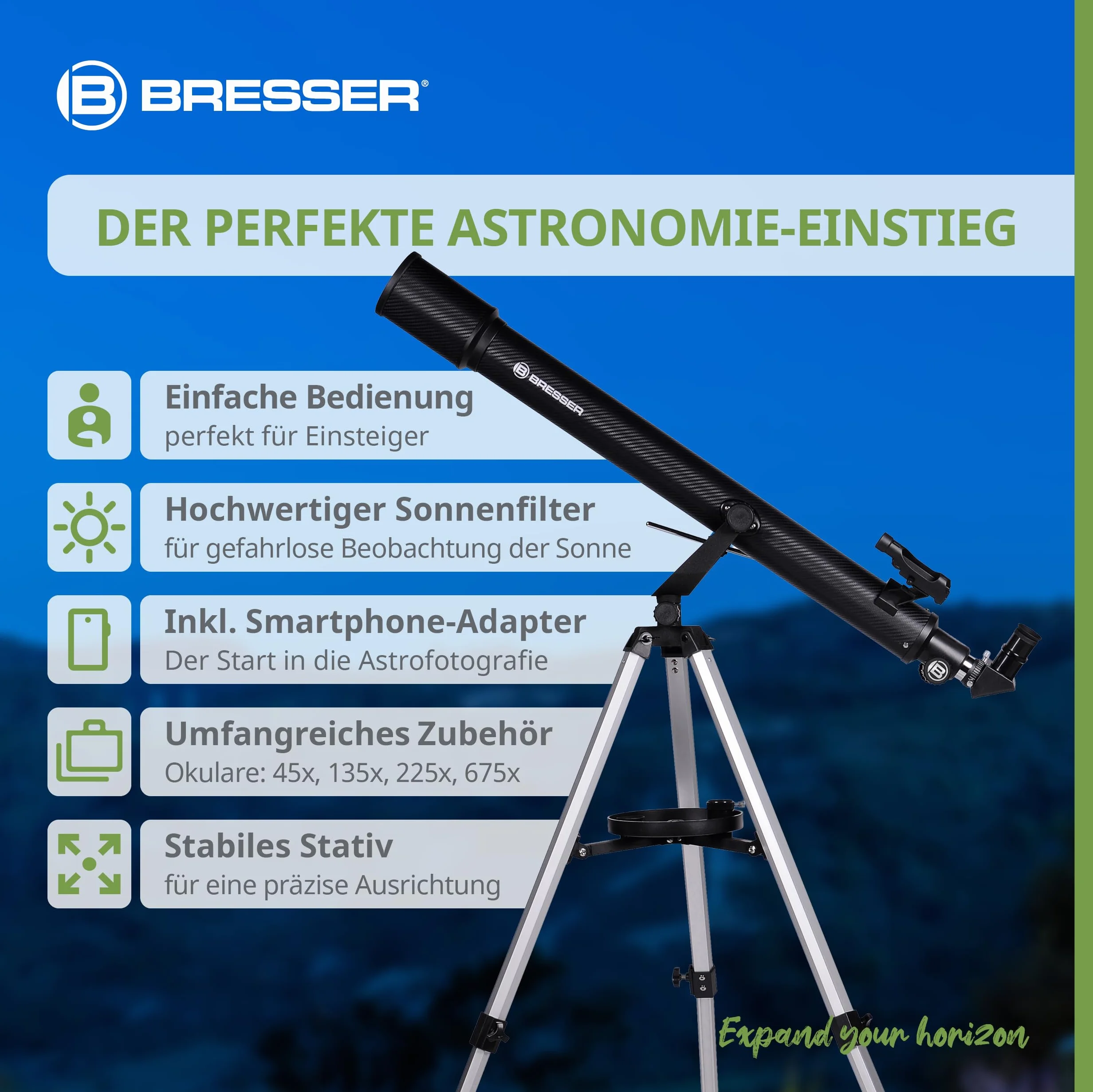 BRESSER Telescopio rifrattore Bresser Sirius 70/900 AZ con adattatore per fotocamera smartphone