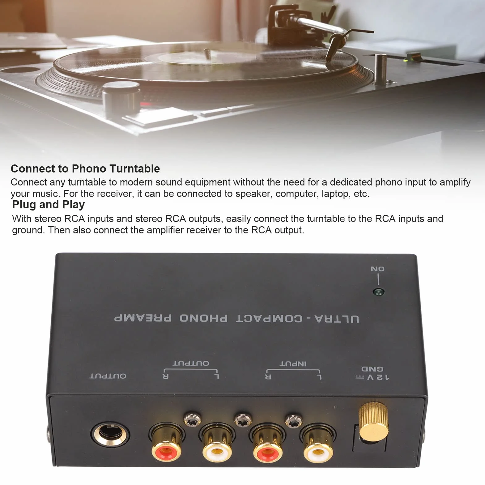 Phono Preamplificatore per Giradischi PP400 Phono Preamp con Controllo Pulsante Input Output Audio Stereo EU