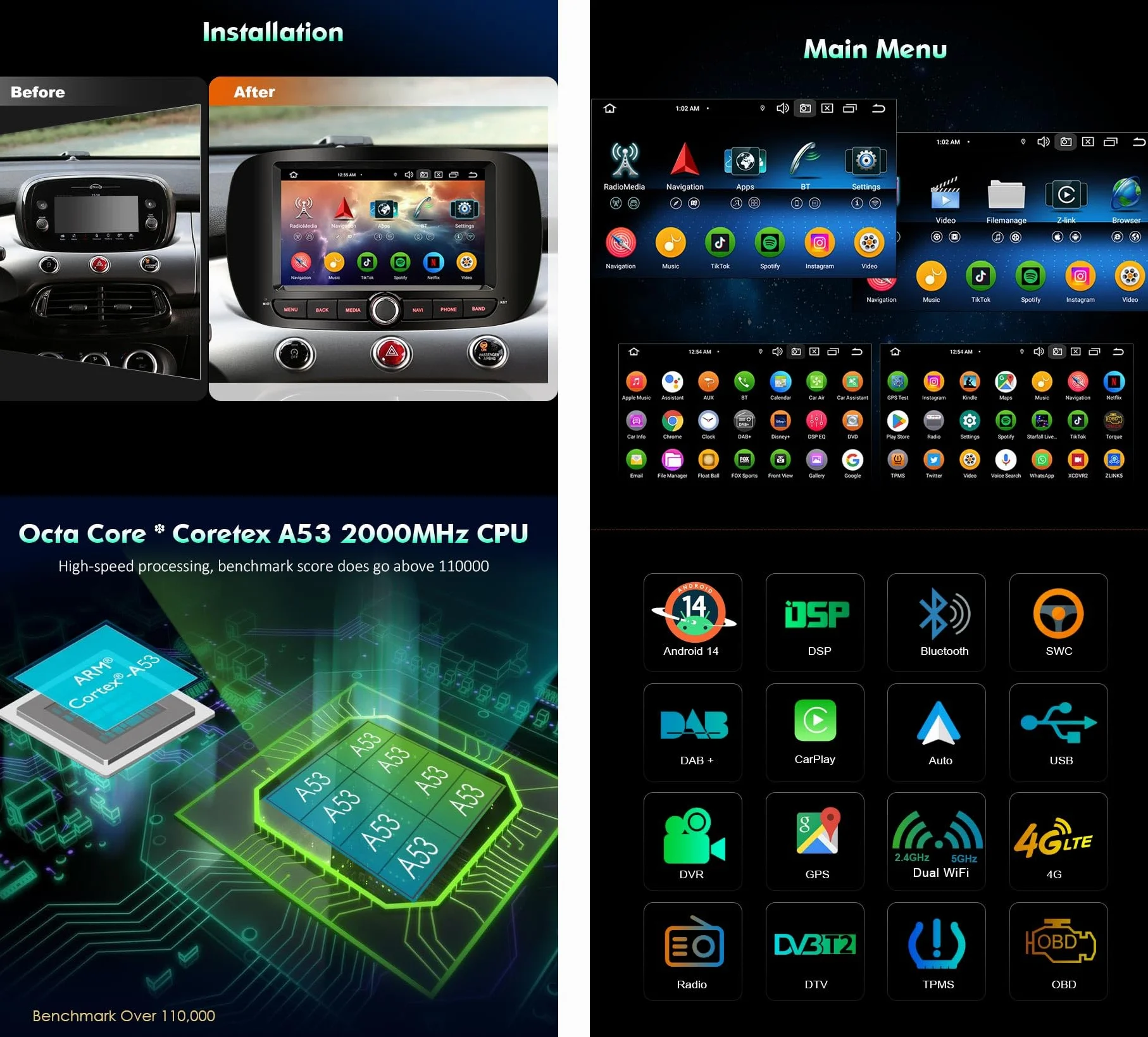 erisin 8 Core Android 14 4+64GB Autoradio GPS Navigatore per Fiat 500X Supporto Senza fili Carplay Android Auto DSP IPS Bluetooth 5.0 Dual Band Wifi DAB+ DVB-T2 Canbus SWC Radio