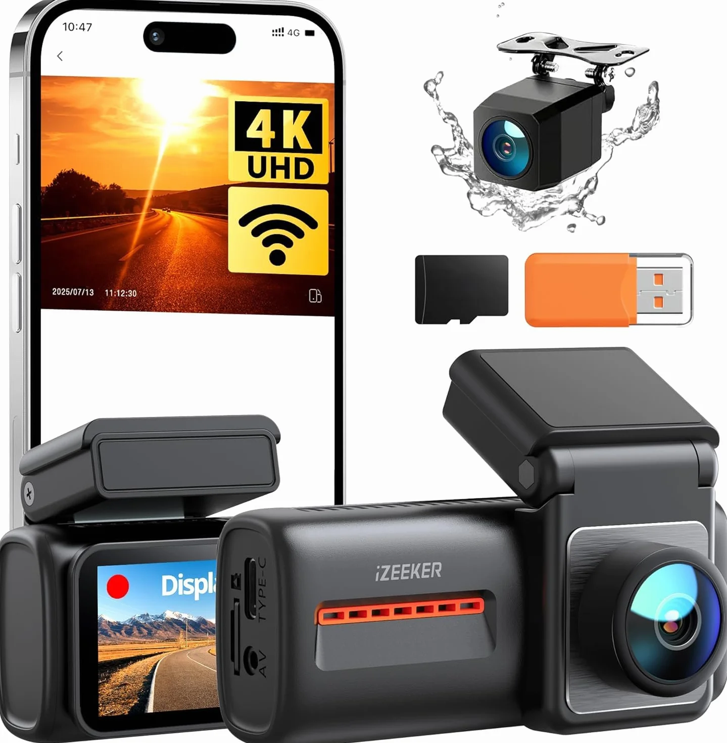 iZEEKER 4K Dash Cam Auto, WiFi 6 Dashcam Auto con Scheda SD 32G, Doppia Dash Cam 4K+1080P, Display IPS da 2,99", APP, Visione Notturna, Sensore G, Registrazione in Loop, Modalità Parcheggio 24H