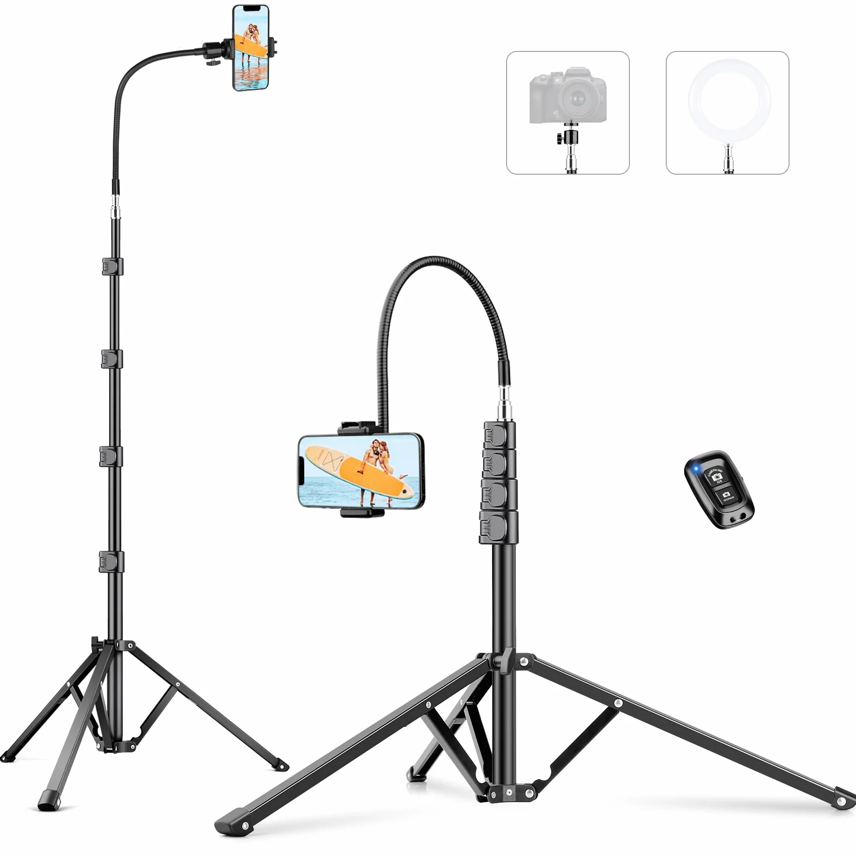 Victiv 224cm Treppiede Smartphone, Cavalletto per Smartphone con 35cm Collo D'oca & Telecomando, Tre Piedi per Telefono, Alluminio Treppiede Fotocamera Treppiedi per iPhone 17/16/15/14/13/12 Pro Max