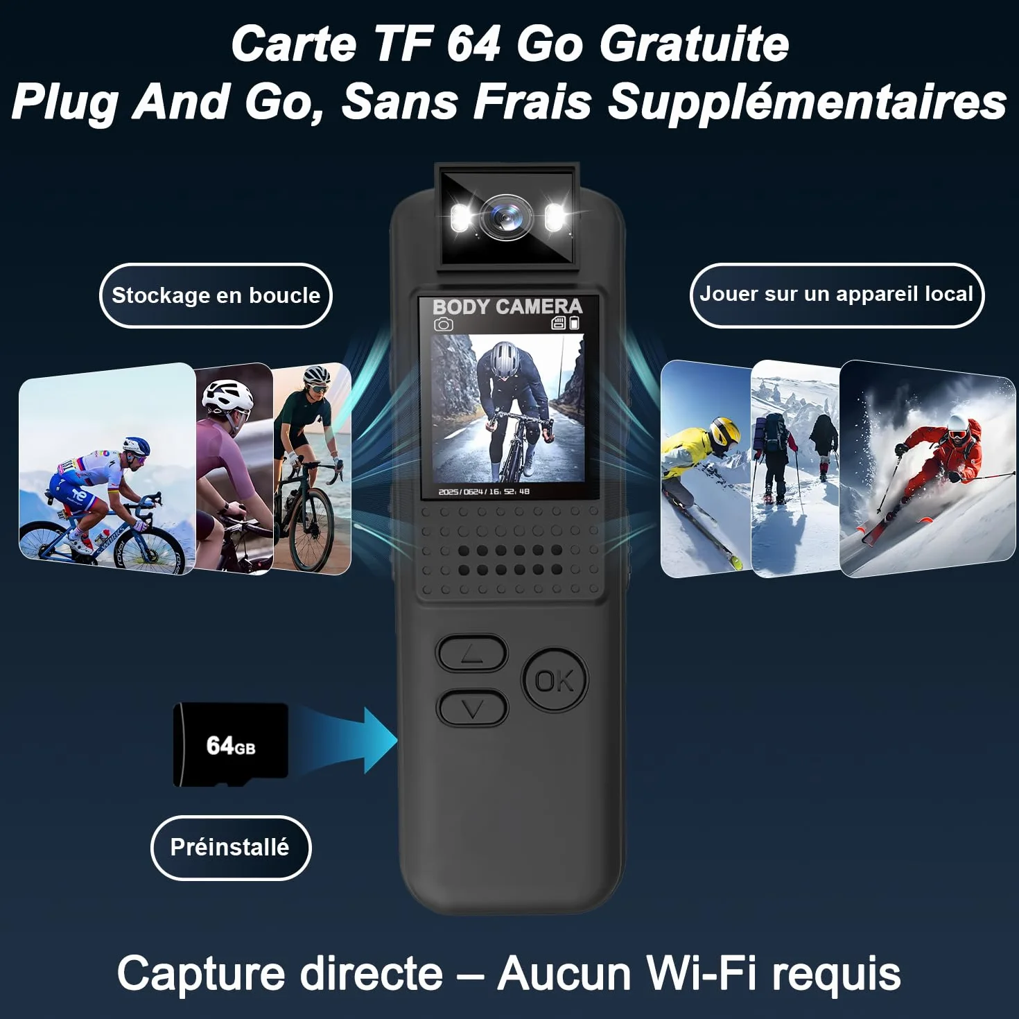 Bodycam, 1080P Full HD Action Cam con Scheda TF 64GB, Bodycam Polizia Professionale, Clip Magnetica e Supporto Bici, Archiviazione Loop, lunga durata della batteria, Telecamera Moto per Sport/Viaggi