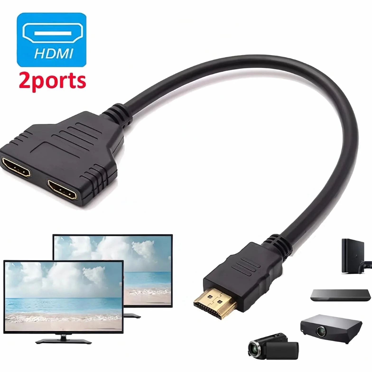 Mâle vers - Adattatore splitter HDMI per monitor, 2 in 1 out, doppio connettore HDMI 1080P, doppia uscita, 30 cm, cavo di collegamento per monitor HDTV, proiettore LCD